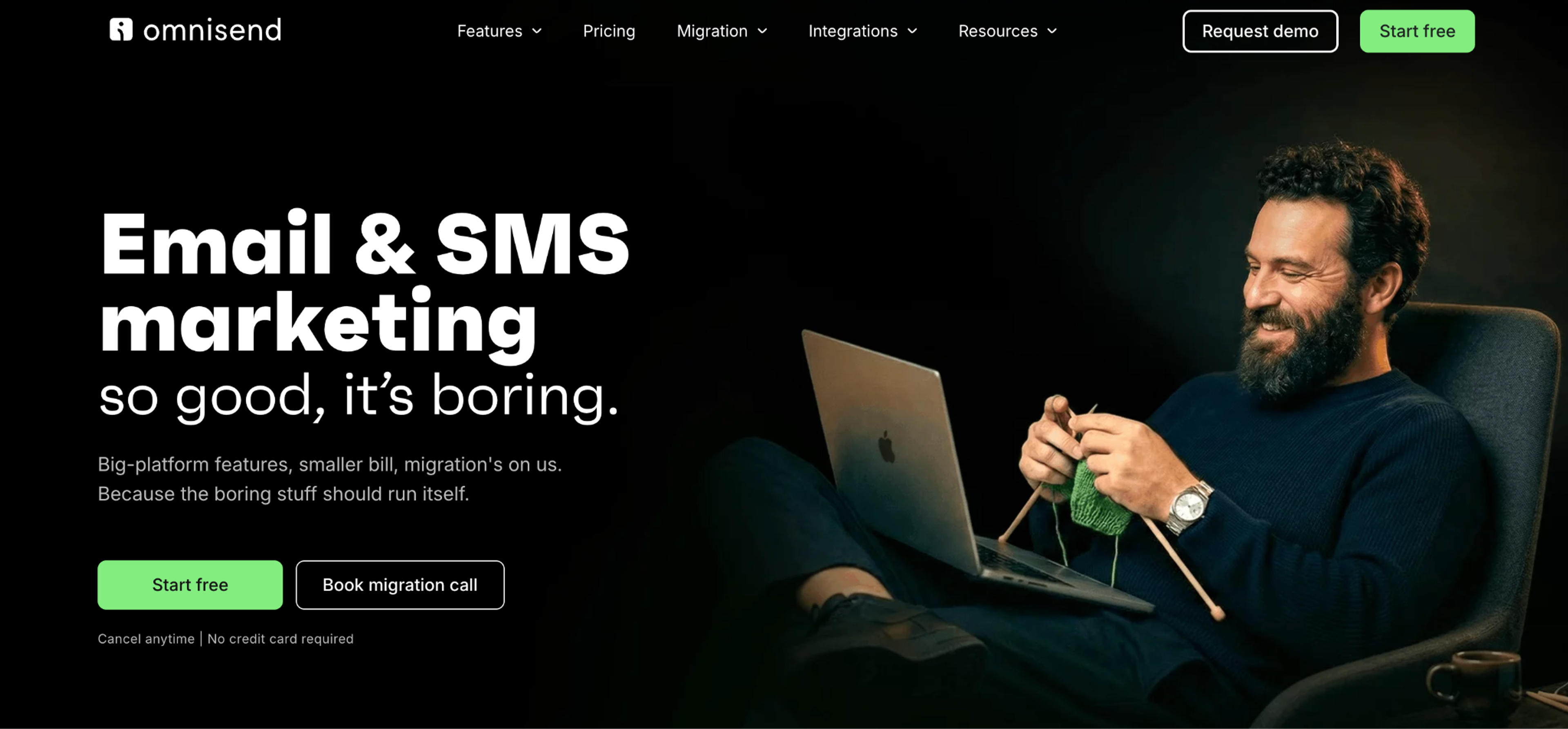 Omnisend homepage for email and SMS marketing with a Start free button