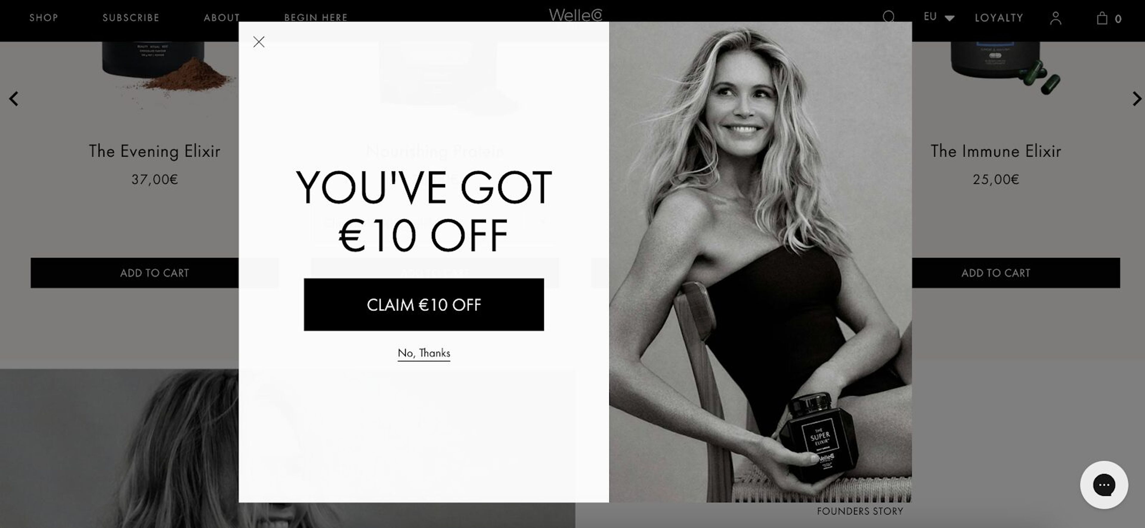WelleCo’s minimalistic two-step popup offering €10 off for email sign-up.