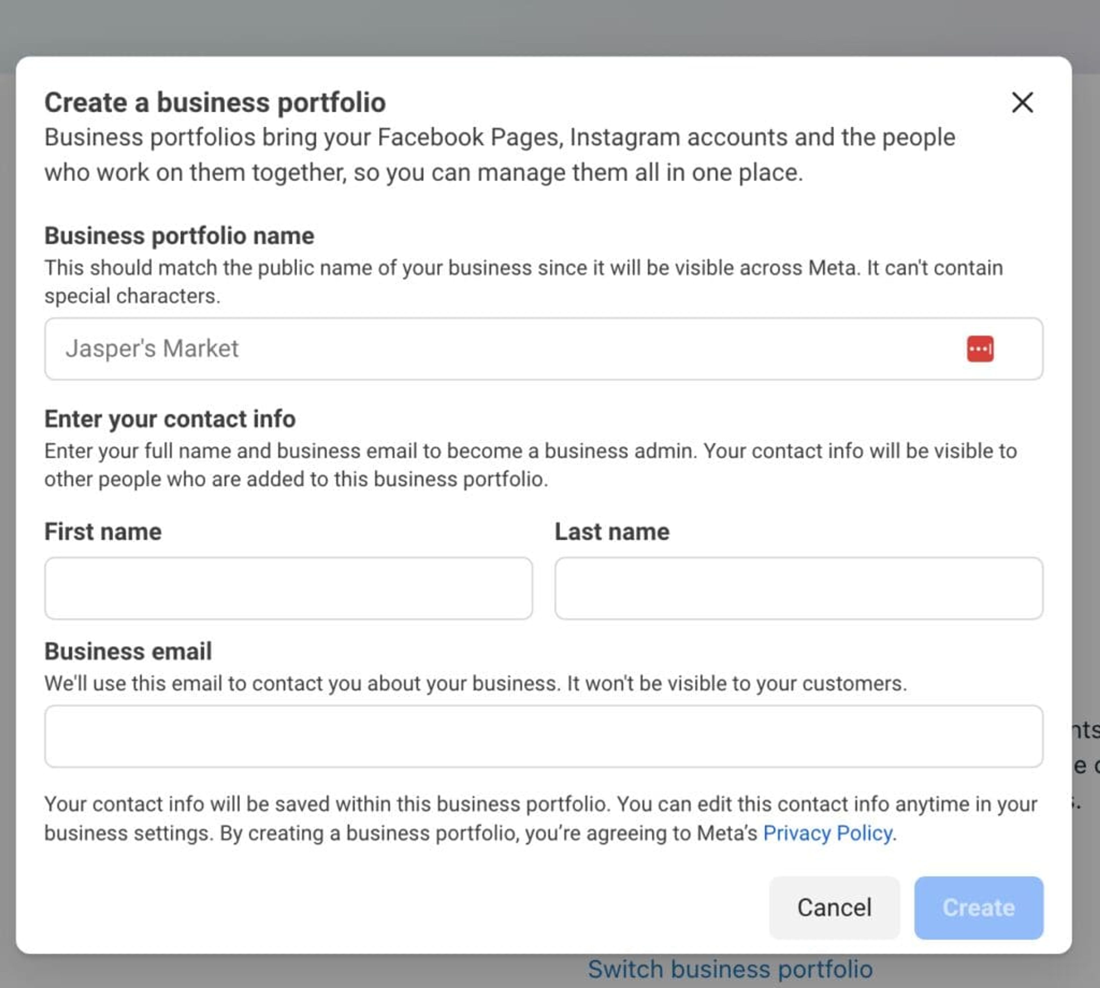 Fill in the details that needed to create your business portolio.