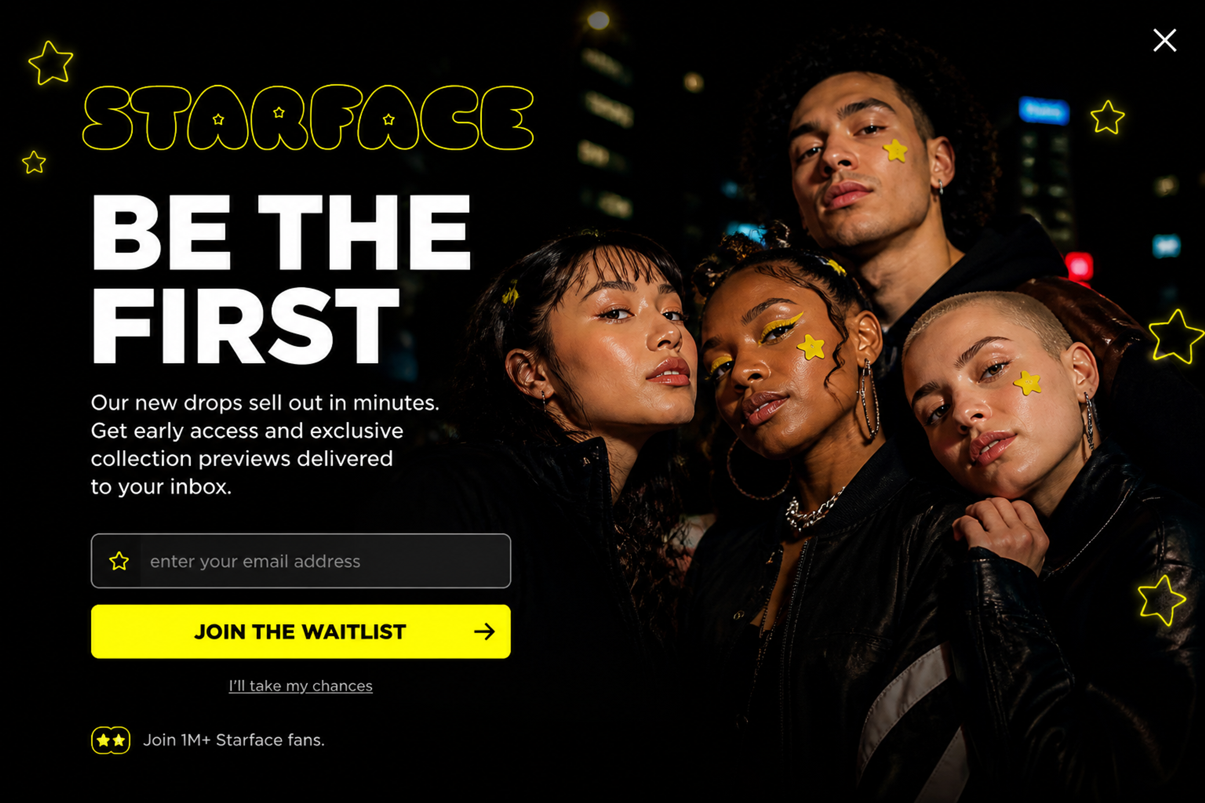 Waitlist popup saying new drops sell out in minutes, with a Join the waitlist button