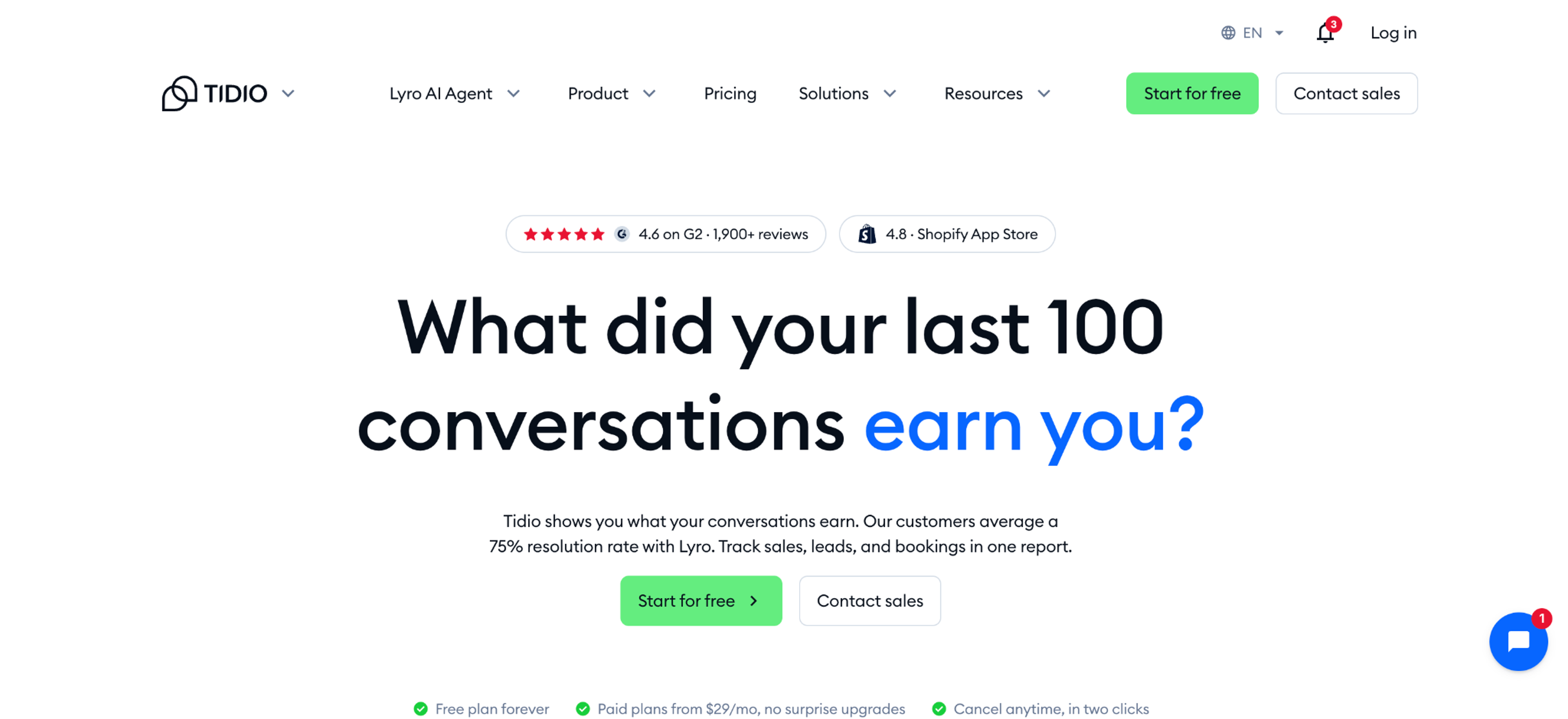 Tidio homepage with the Lyro AI agent and its 75% average resolution rate