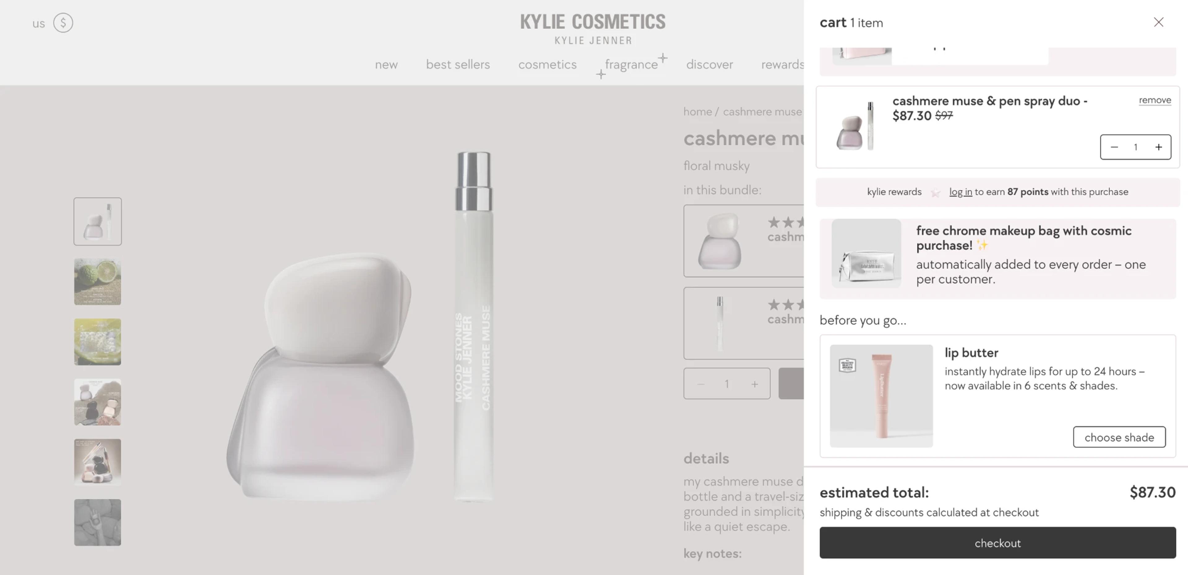 Kylie Cosmetics mini cart with a before you go product recommendation under the cart item