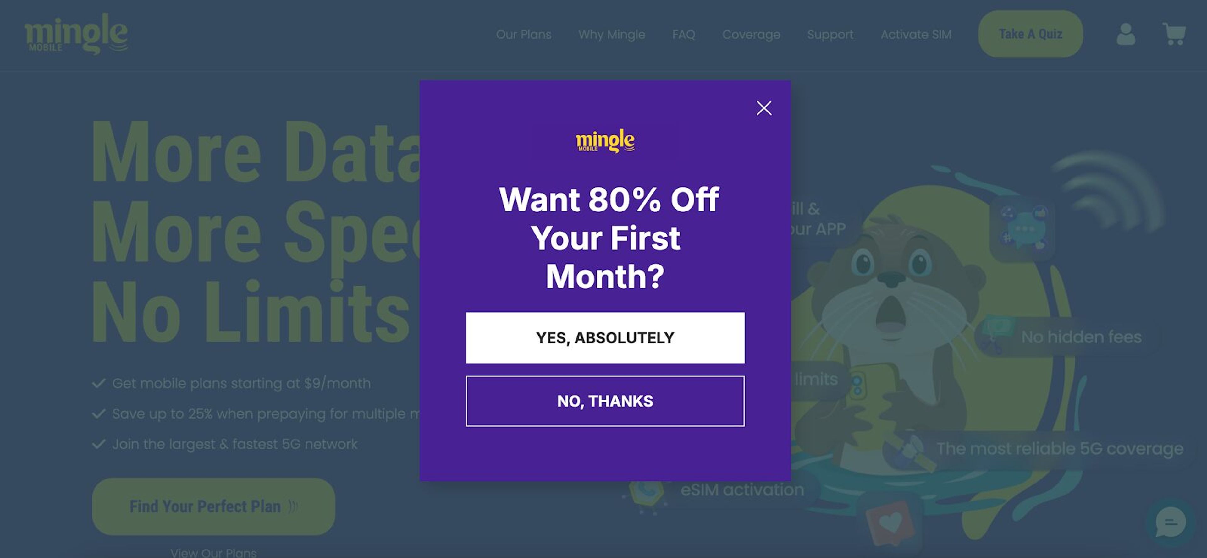 Mingle Mobile's quiz-style pop-up captures leads with an 80% discount, asking for email and SMS details.