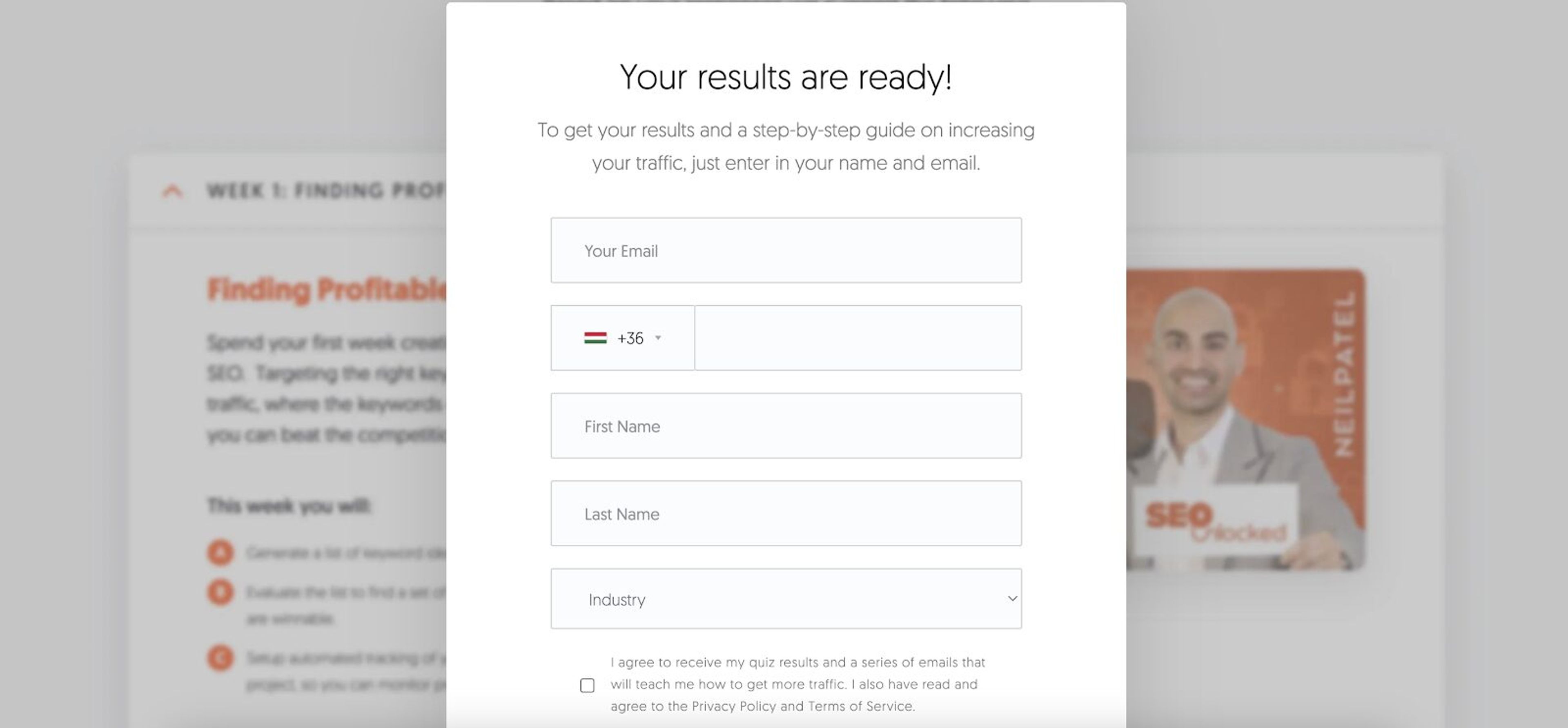 Neil Patel generates leads with a simple form and they only ask for name and email address
