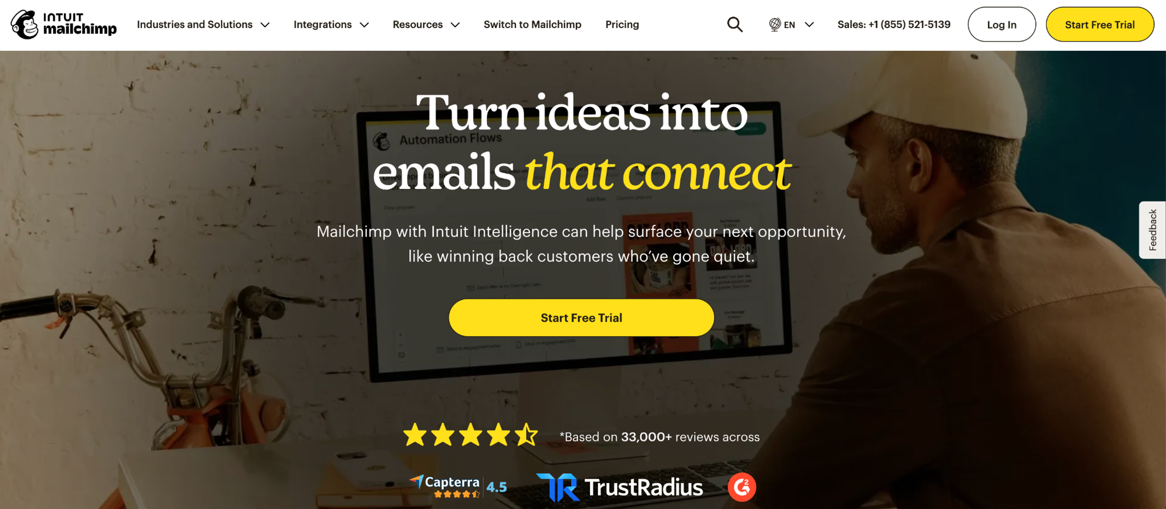 Mailchimp homepage with a Start free trial button
