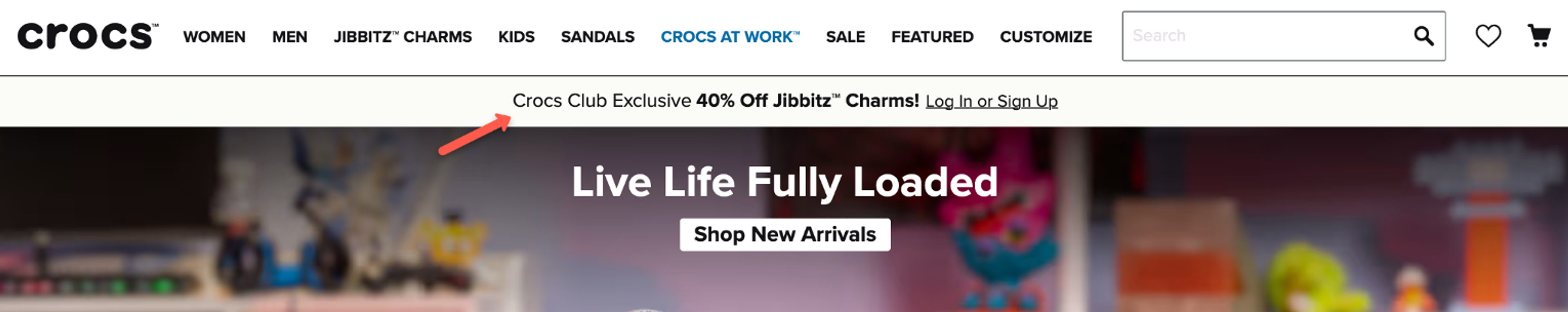 Crocs loyalty program promoted on the website