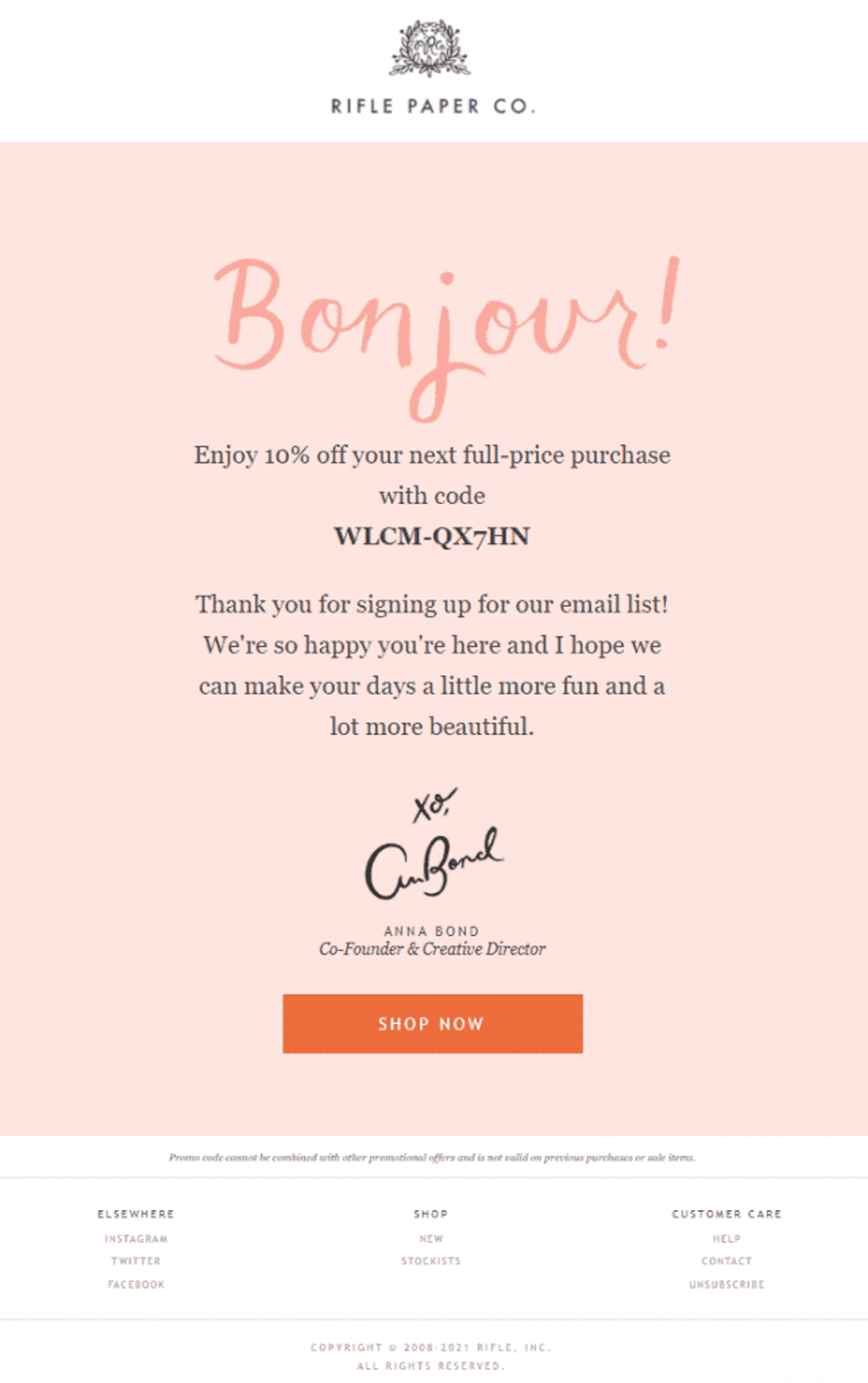 Rifle Paper Co welcome email