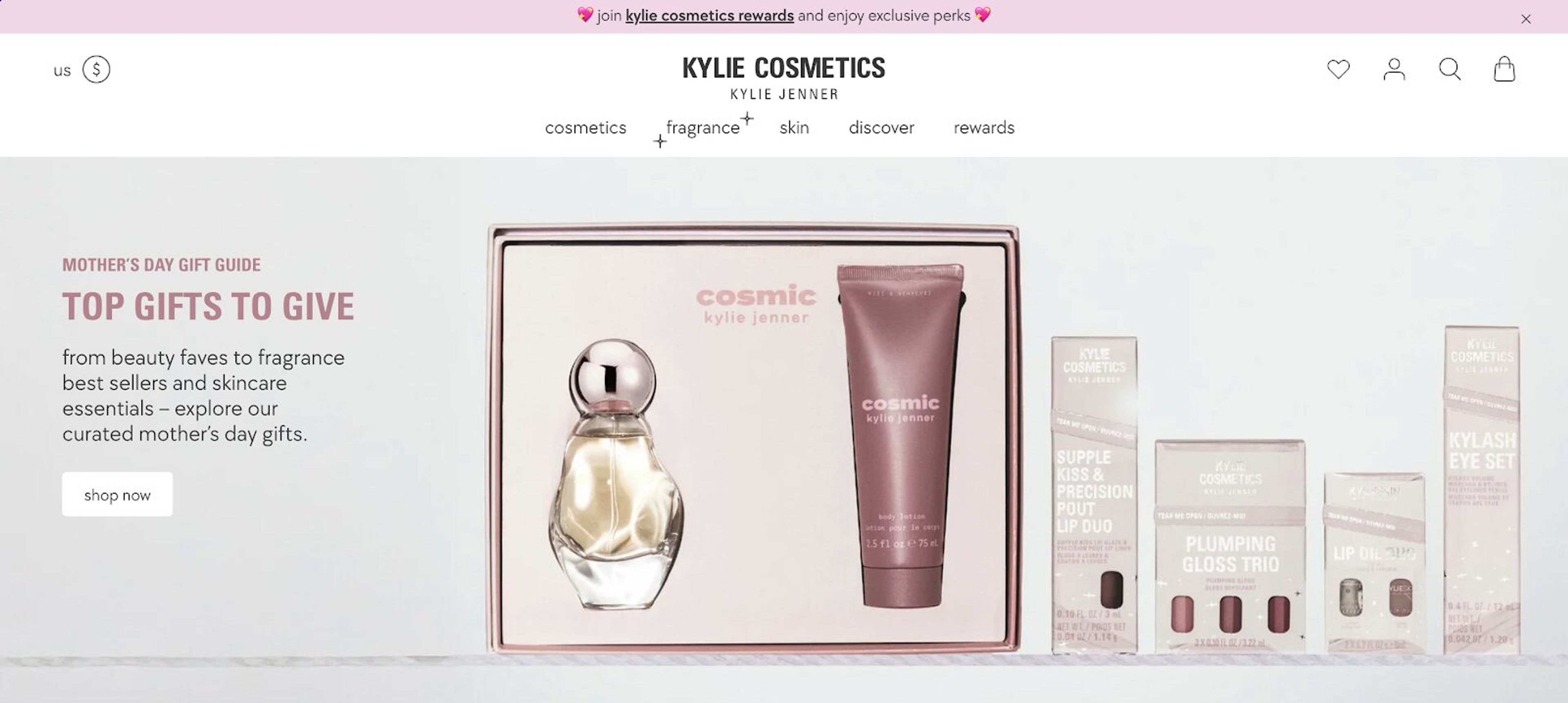 Kylie Cosmetics product page showing makeup collections with no visible email capture, relying on brand loyalty and ads.
