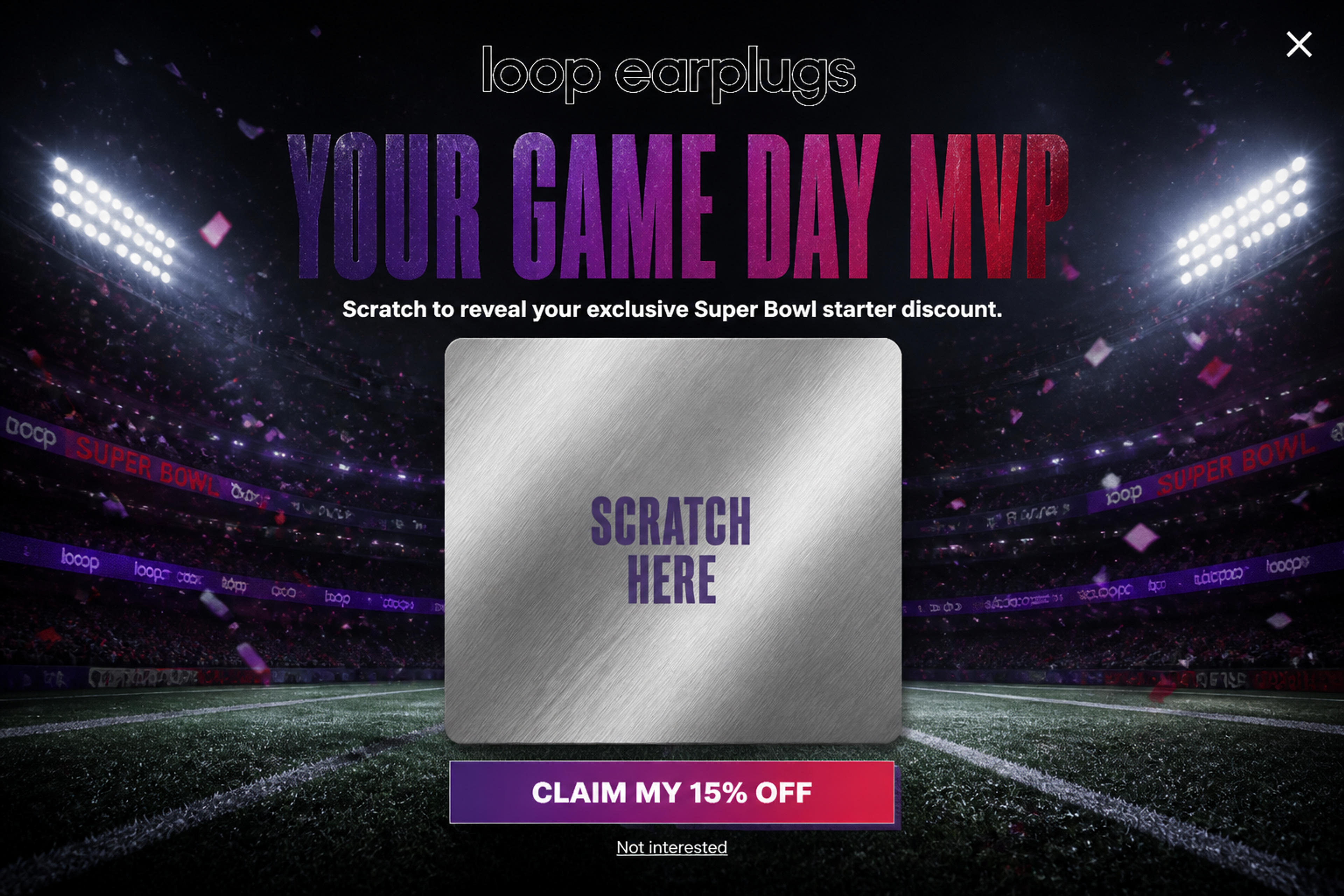 Fullscreen scratch card popup on a stadium background with the headline "Your game day MVP" and 15% off