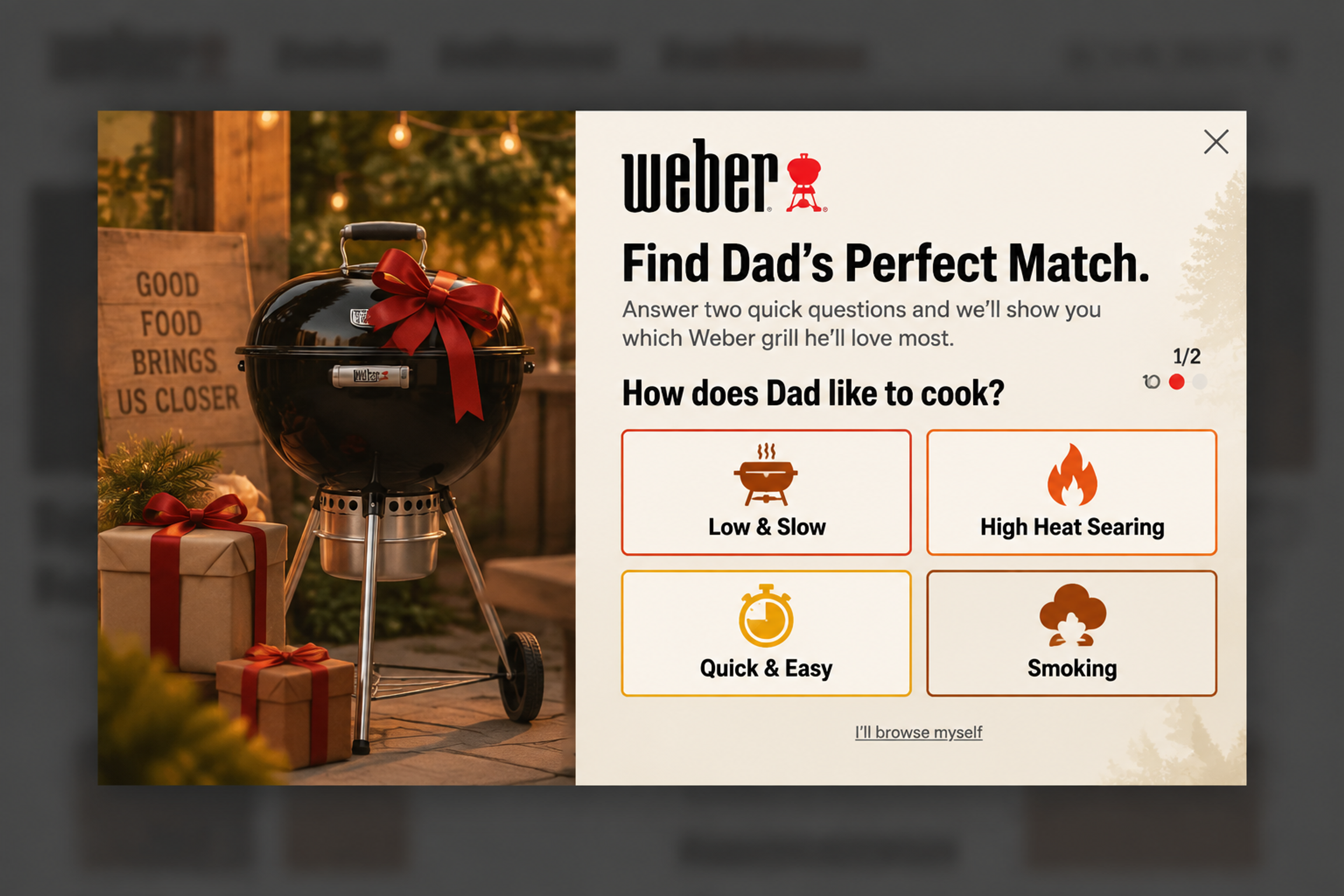 Two-question gift quiz popup "Find Dad's perfect match" for grills, designed for Weber