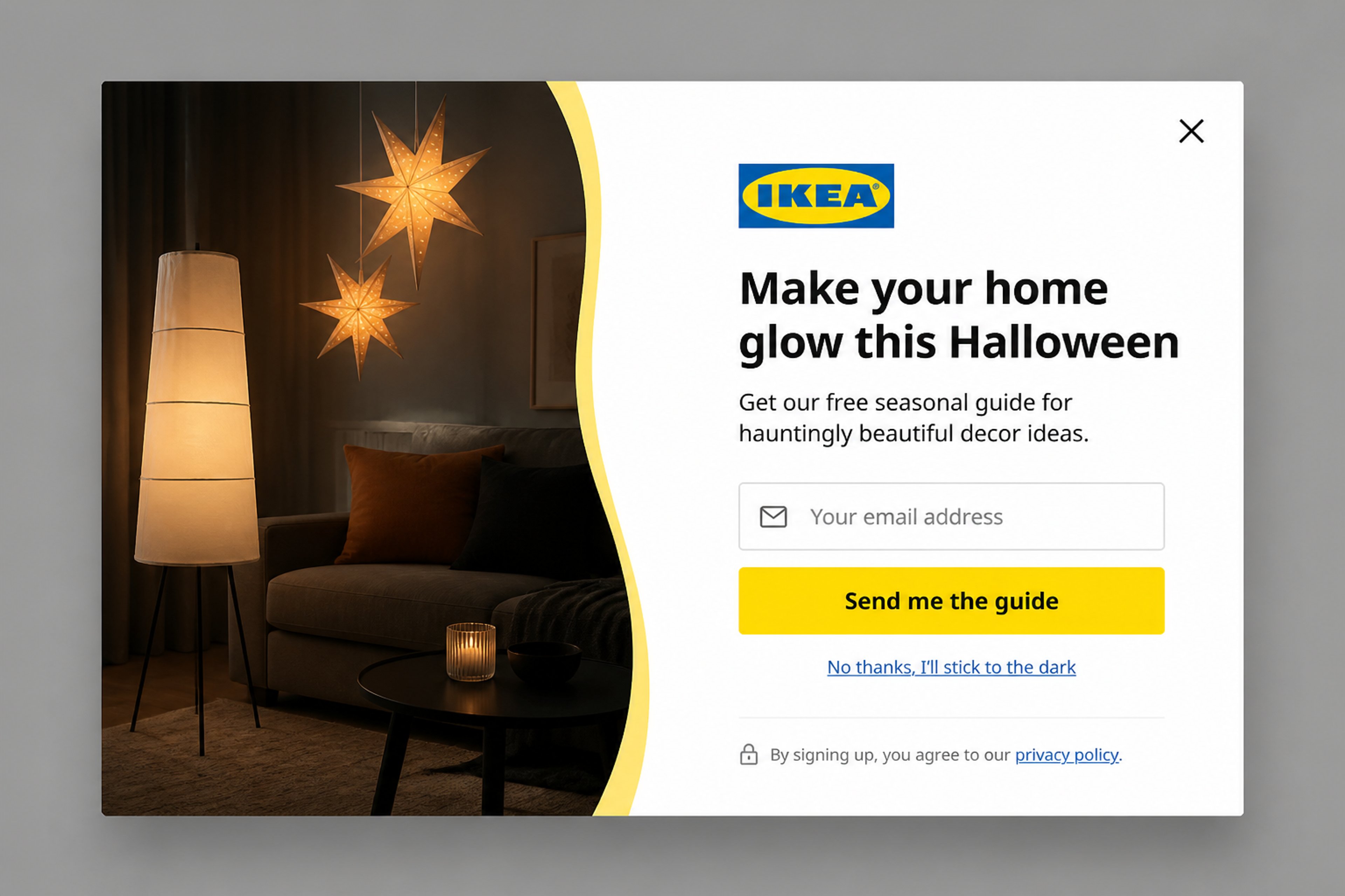 Halloween popup designed for IKEA offering a free seasonal home decor guide in exchange for an email