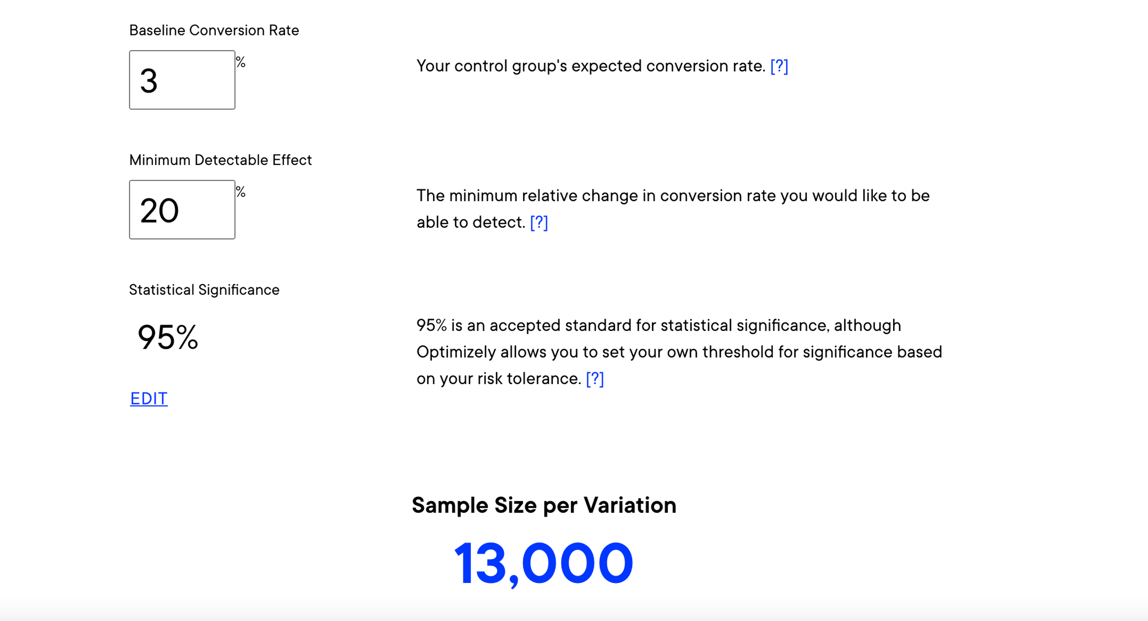 Optimizely A/B testing sample size calculator