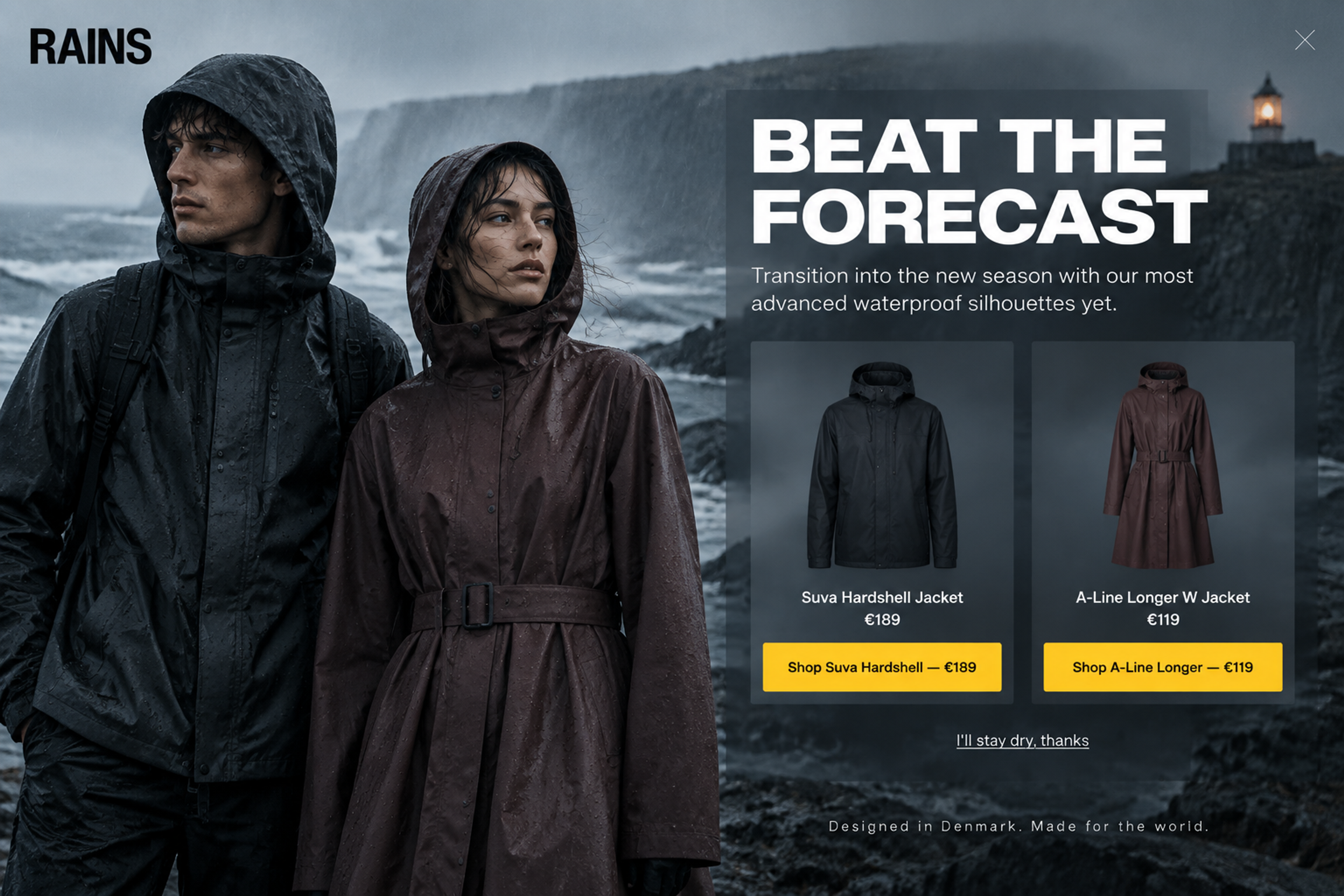 Fullscreen product popup designed for Rains with "Beat the forecast" headline and two jackets with prices