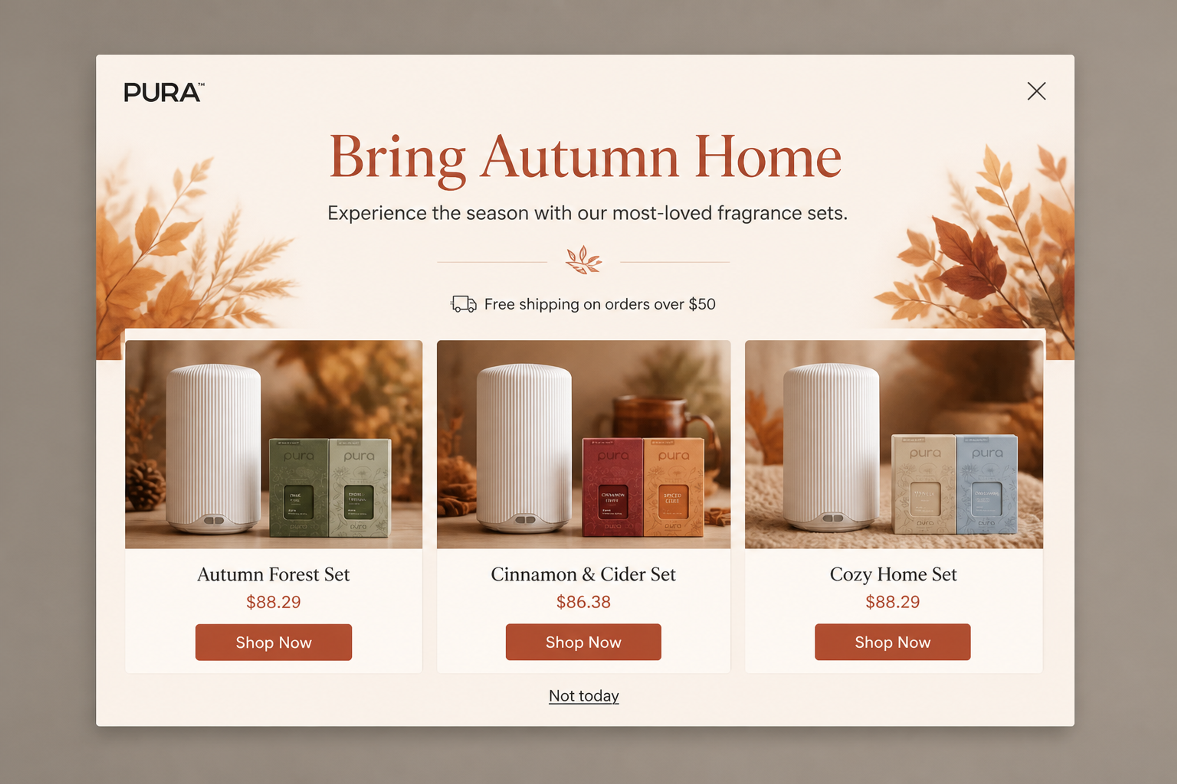Autumn popup recommending three home fragrance sets with a Shop Now button under each