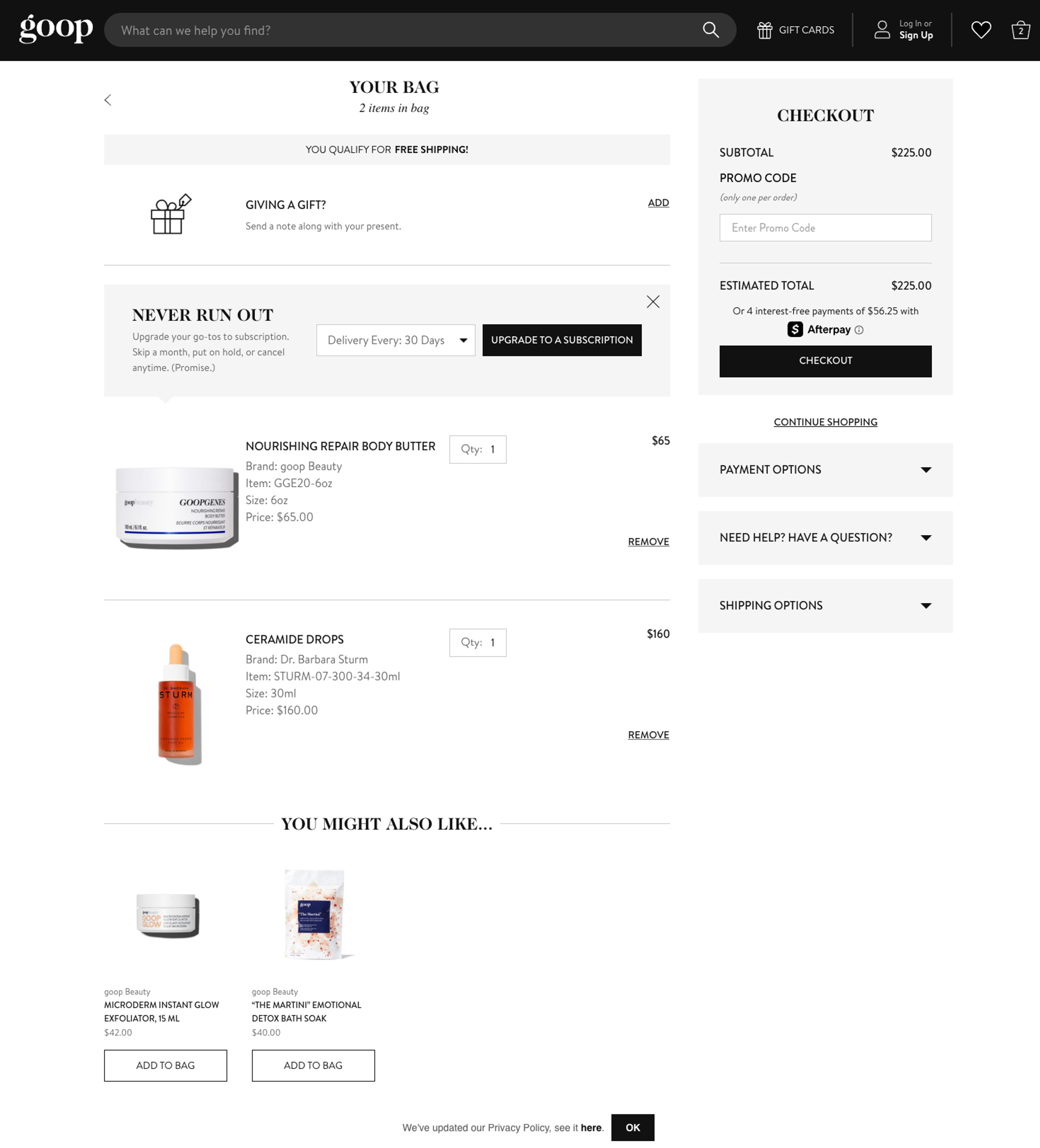The product recommendation section on Goop’s cart page.