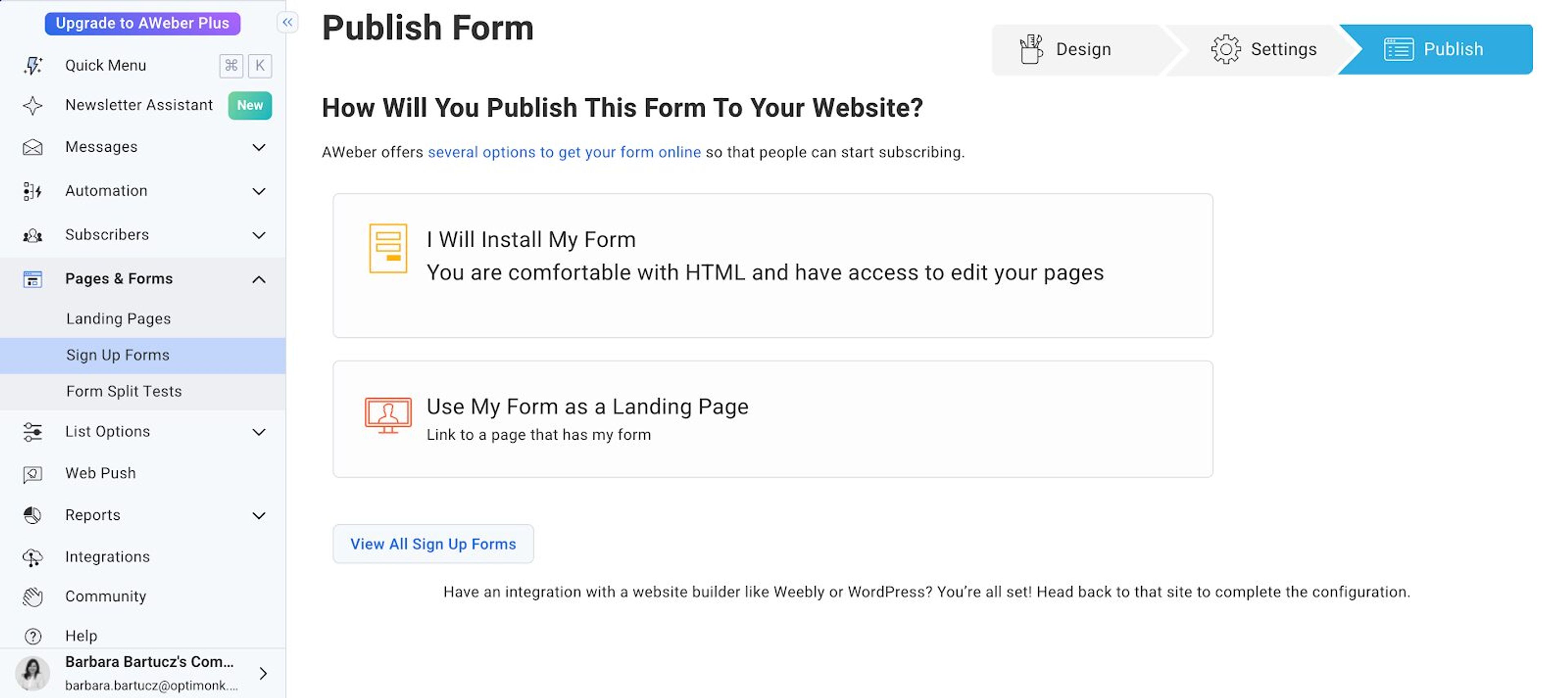 Create subscription popup in AWeber editor.