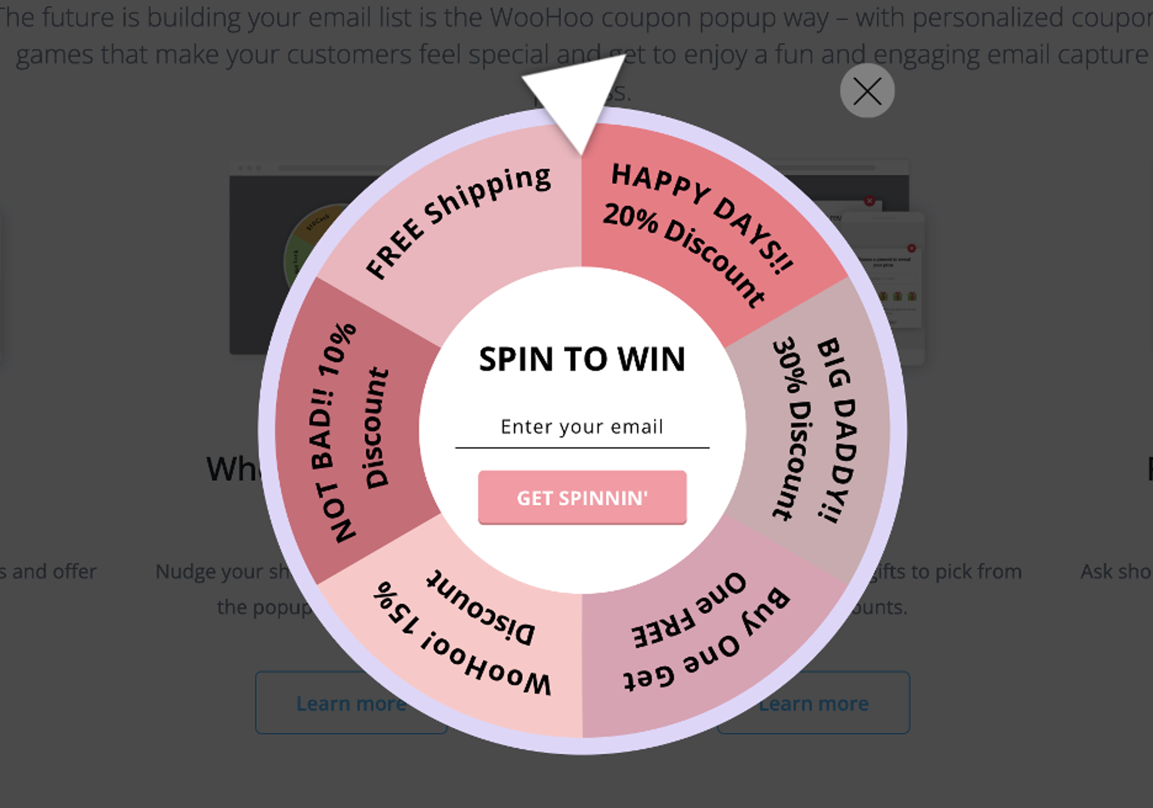 WooHoo pop-up app's Wheel of Coupon popup