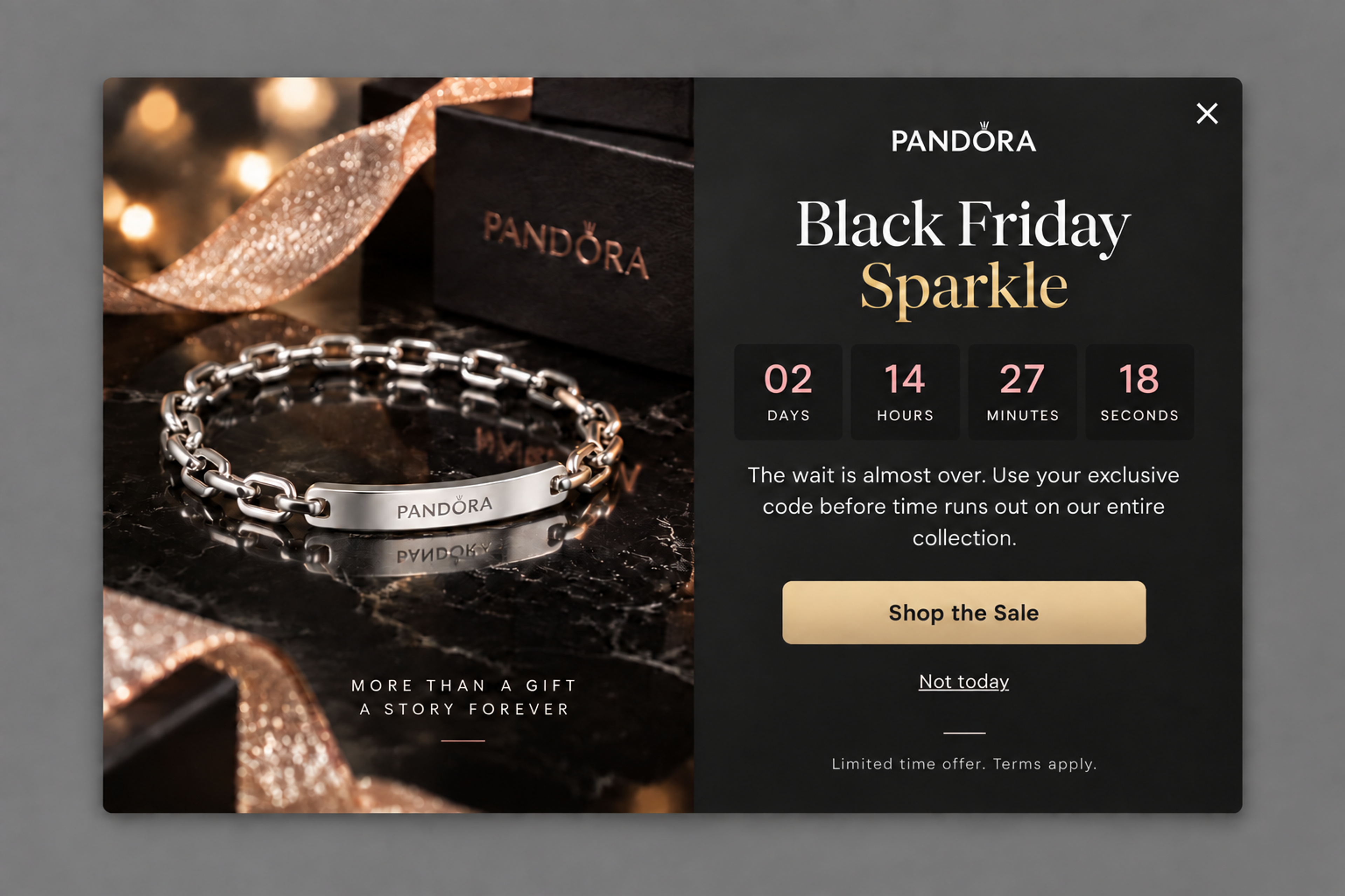 Black Friday popup with a countdown timer and a bracelet photo