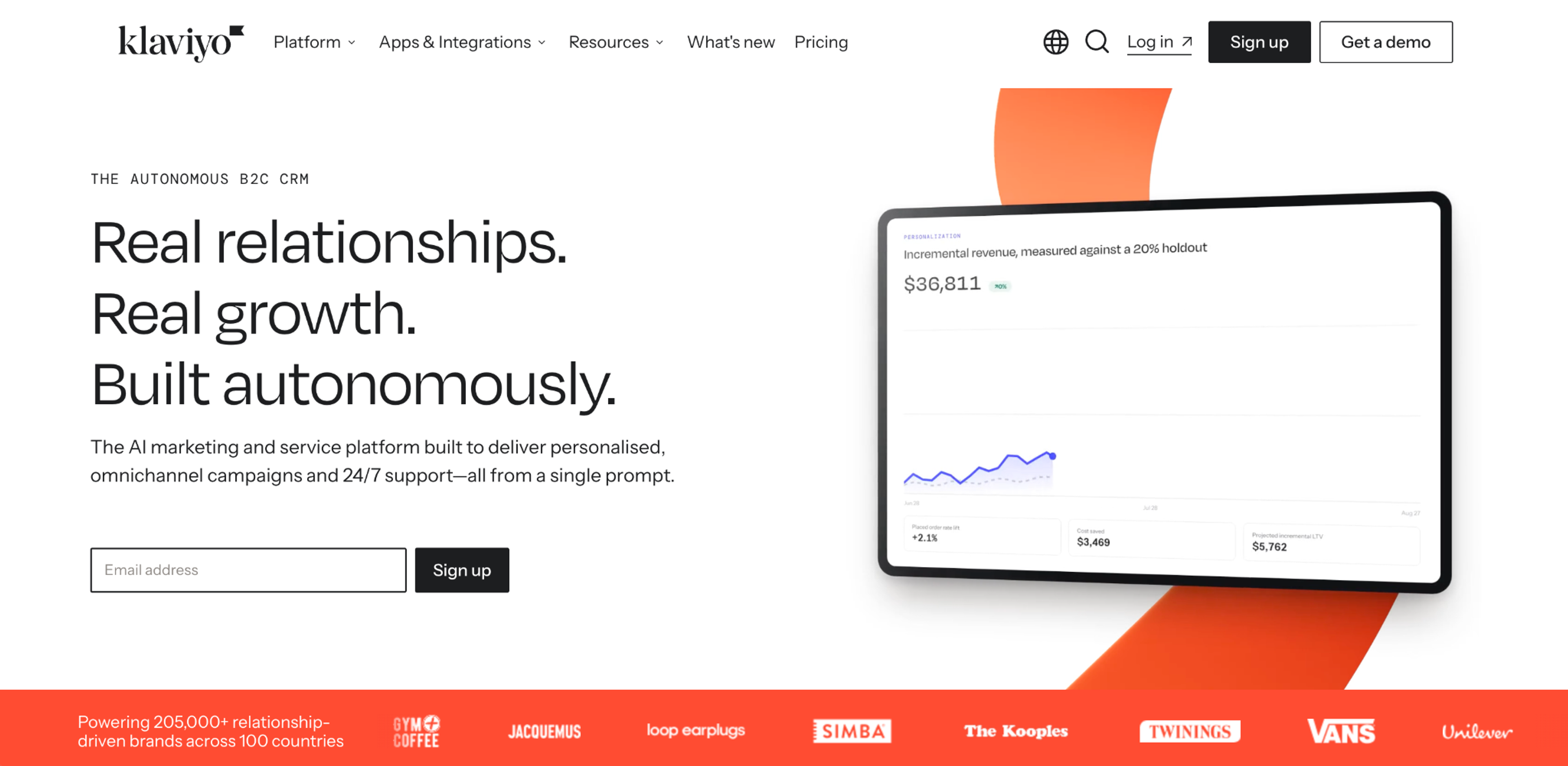 Klaviyo homepage: the AI marketing and service platform for B2C brands