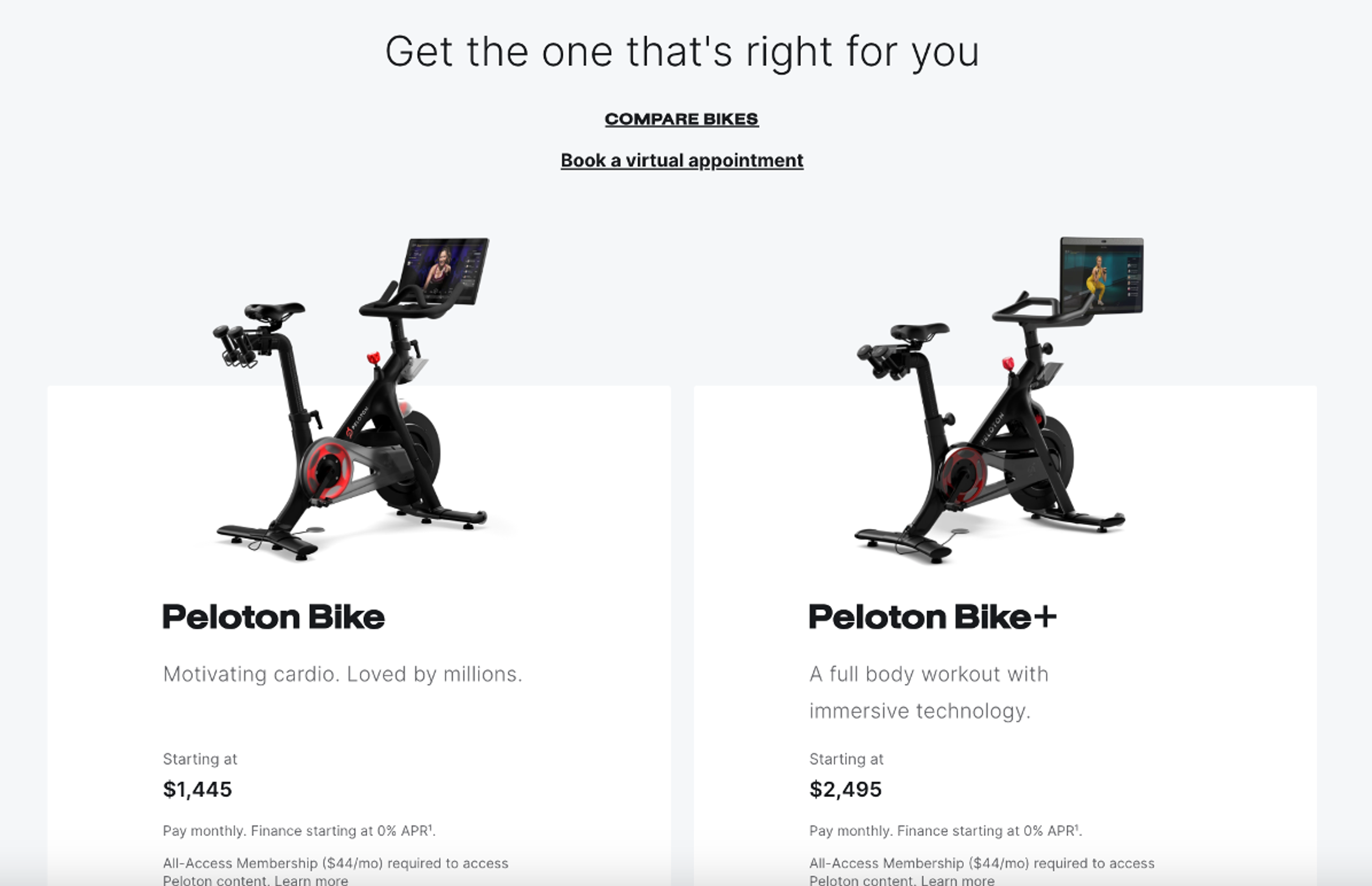 Peloton category page with product comparison