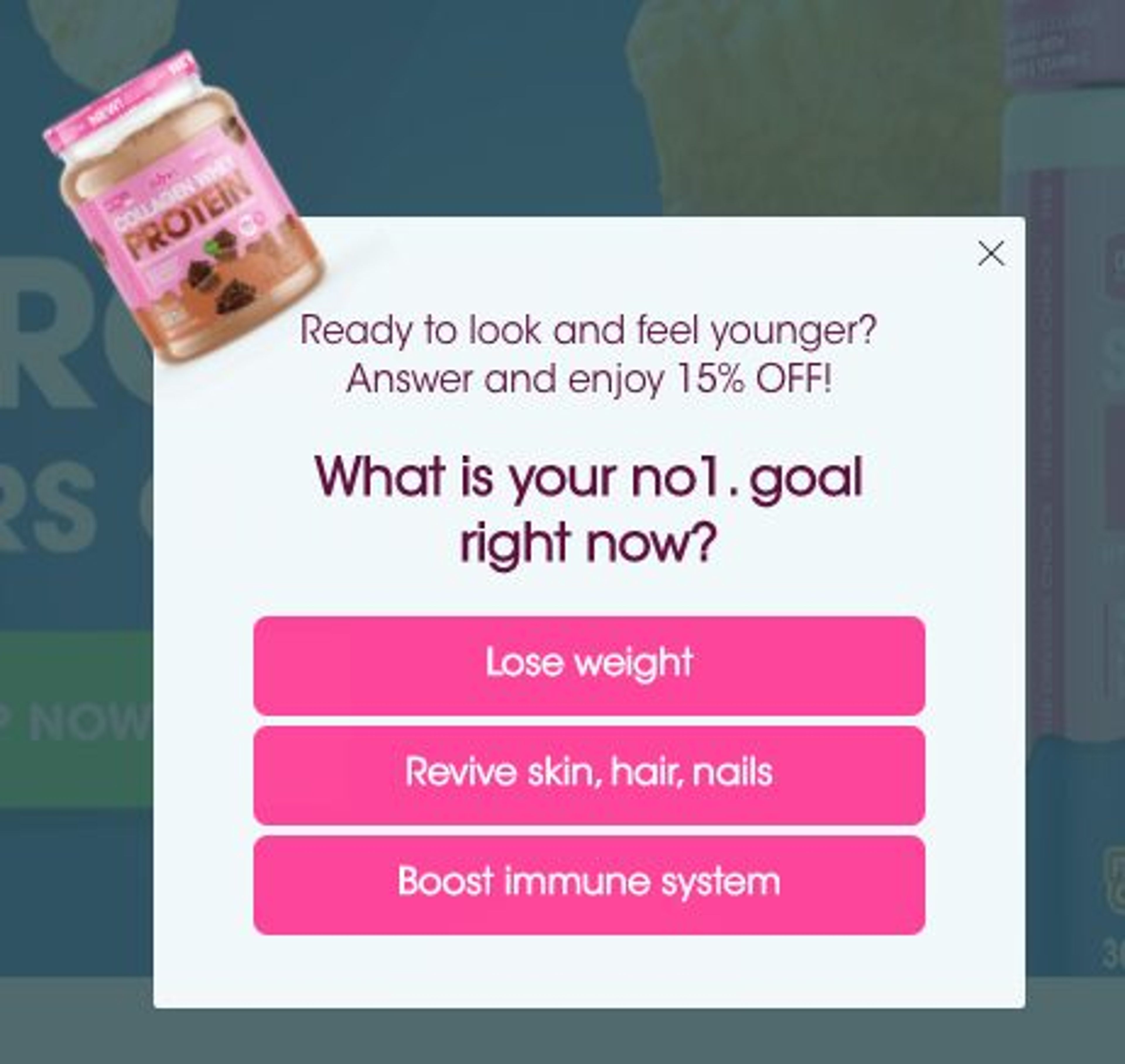 Popup asking users about their wellness goals, followed by email and phone number opt-in, with product recommendations in the final step.
