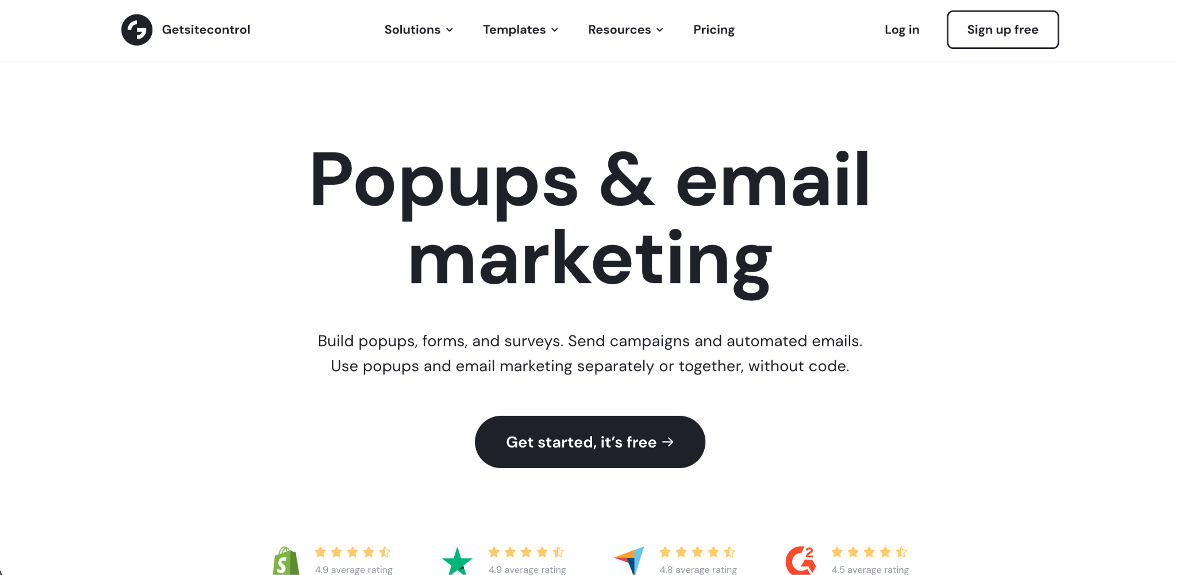 Getsitecontrol homepage for popups and email marketing