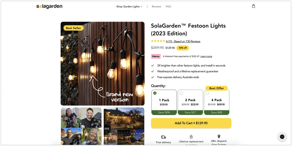 SolaGarden product page before optimization