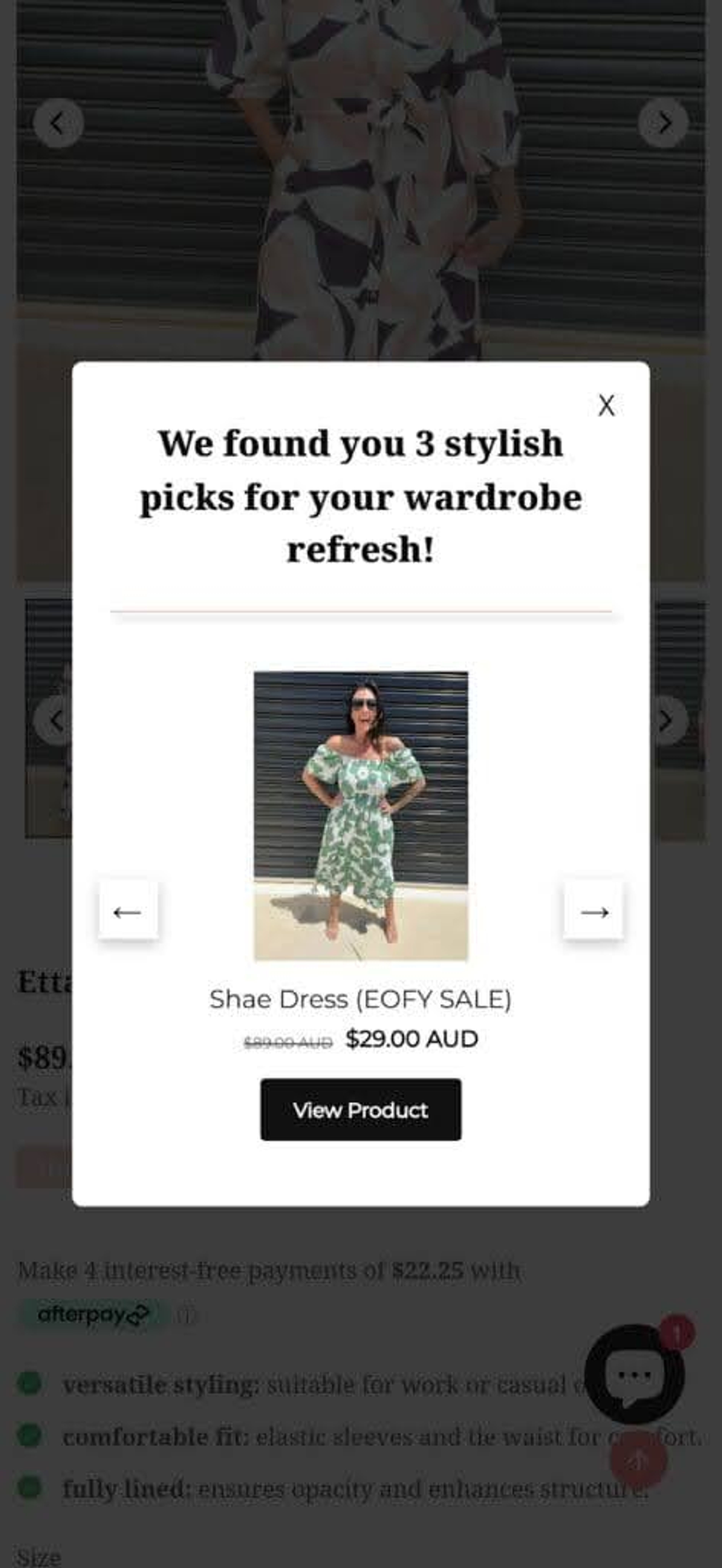 Millie N Me's exit intent mobile popup shows relevant product recommendations.