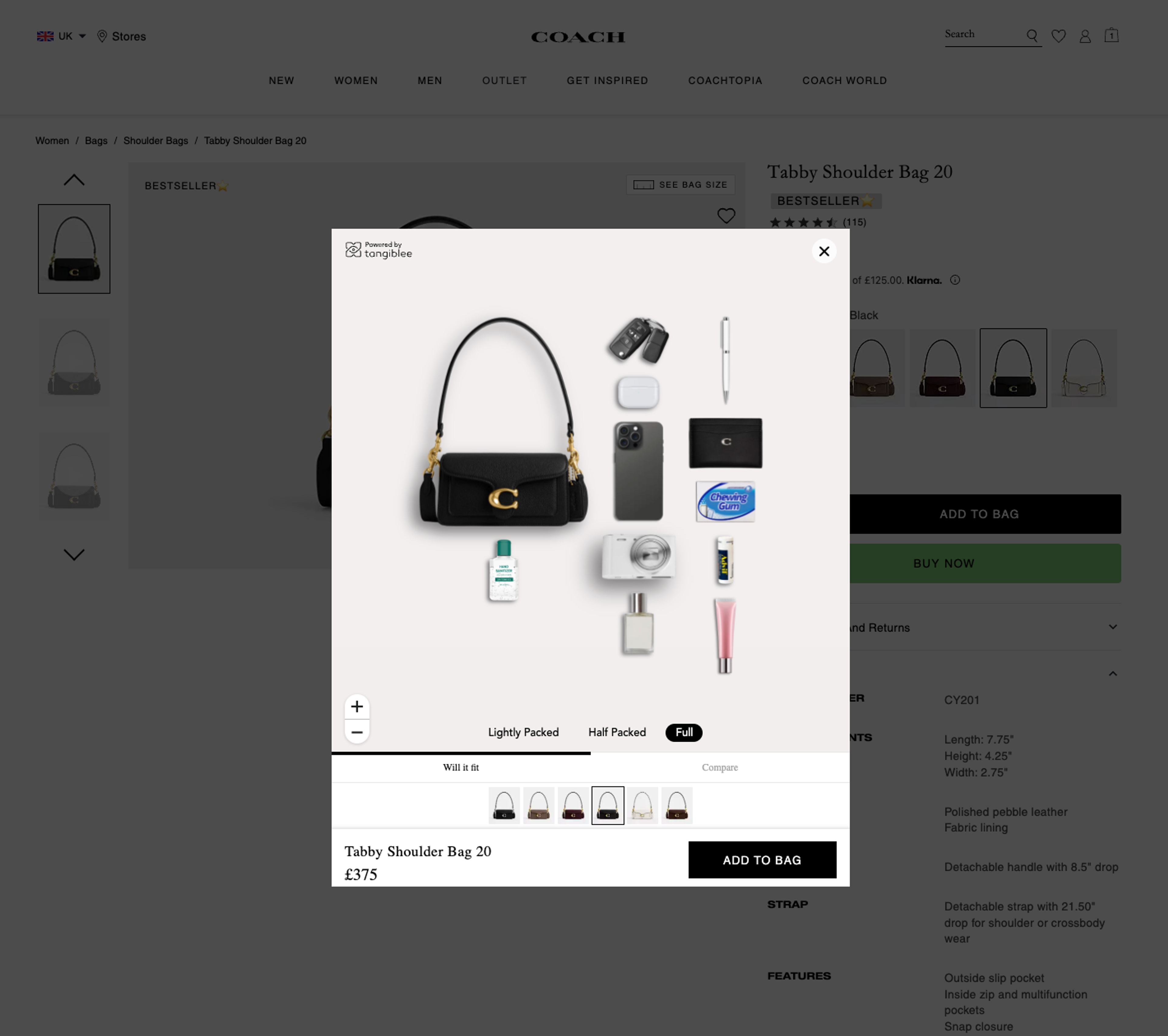 On the product page is the "See Bag Size" button