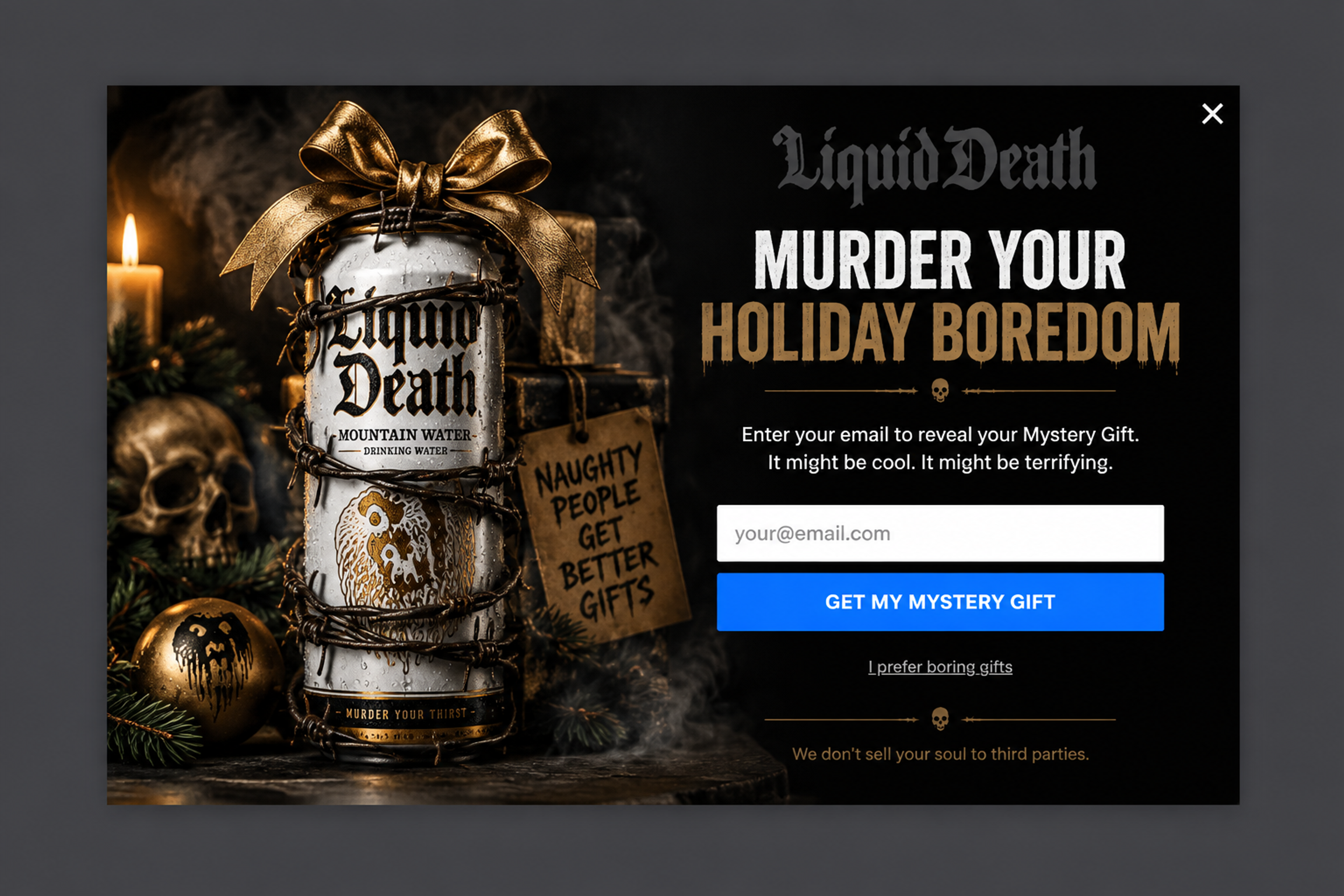 Christmas mystery gift popup with a dark, irreverent design