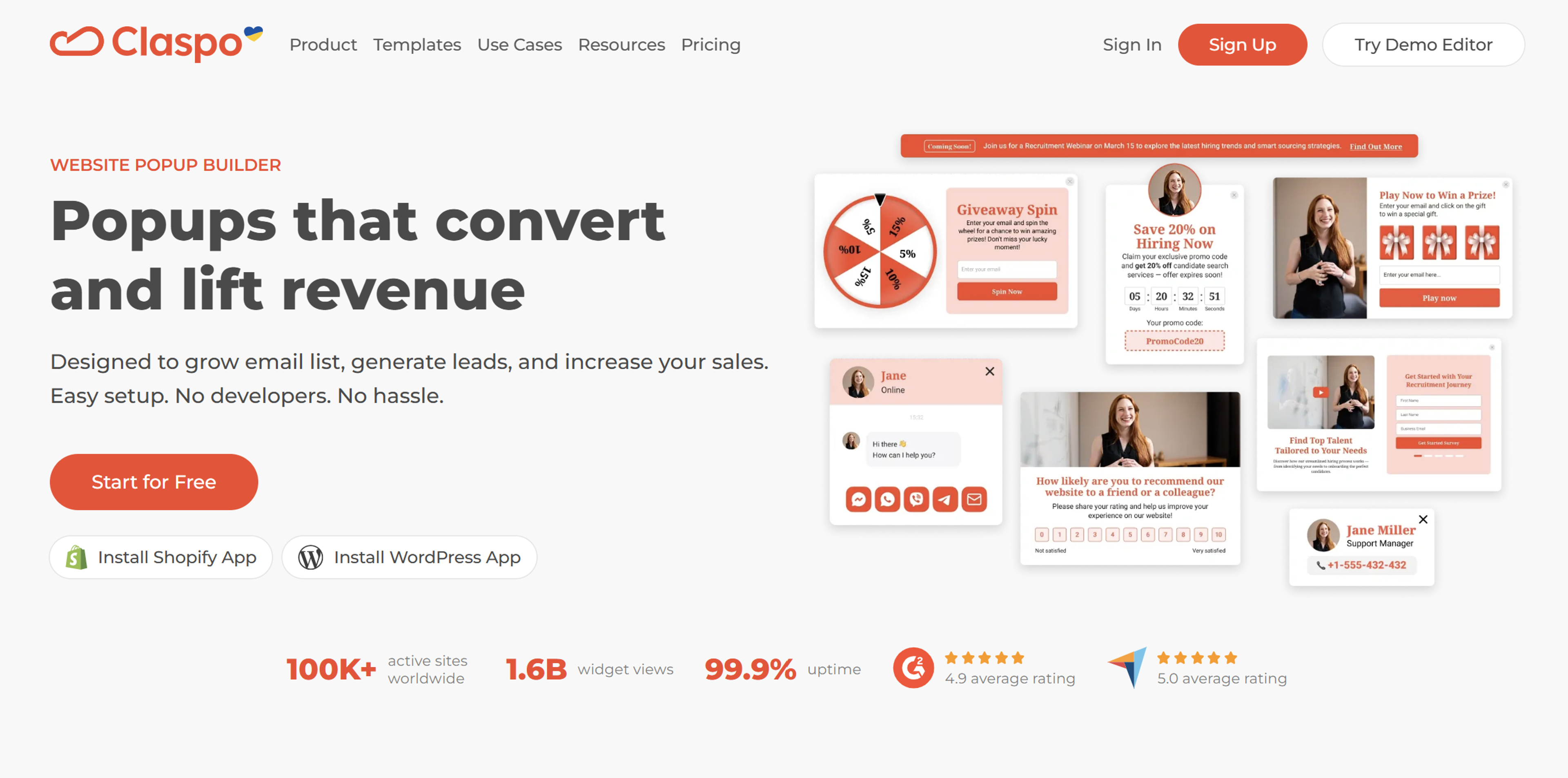 Claspo hero section. A Shopify popup for large stores.