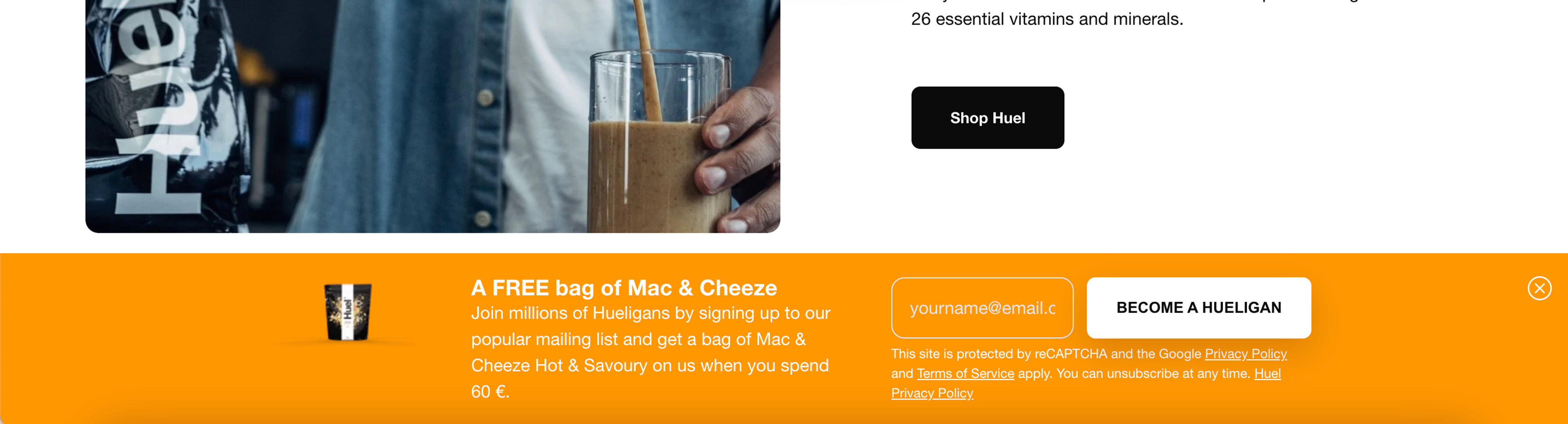Huel newsletter signup forms sticky bar