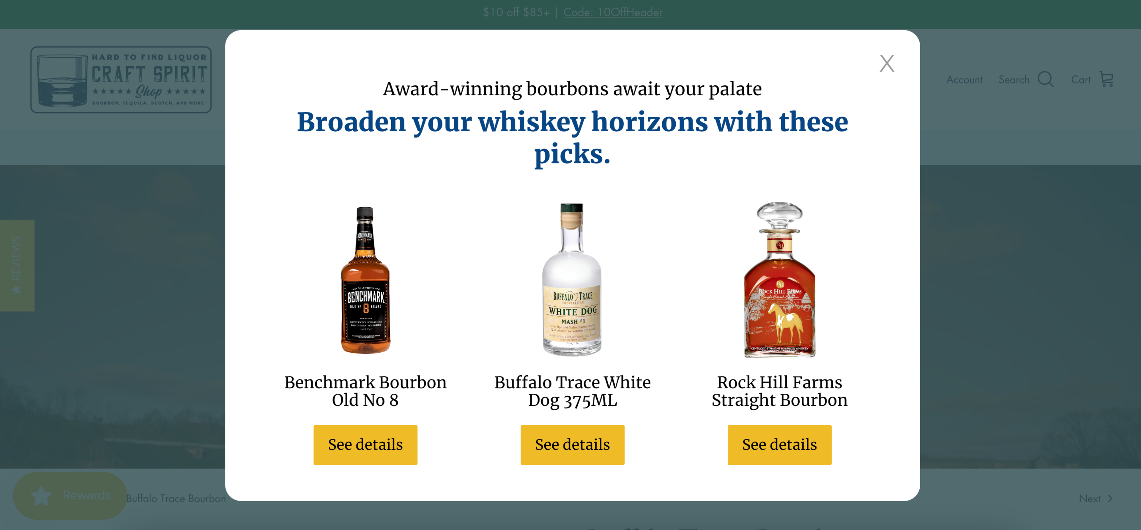 The personalized recommendation popup with whiskey's.