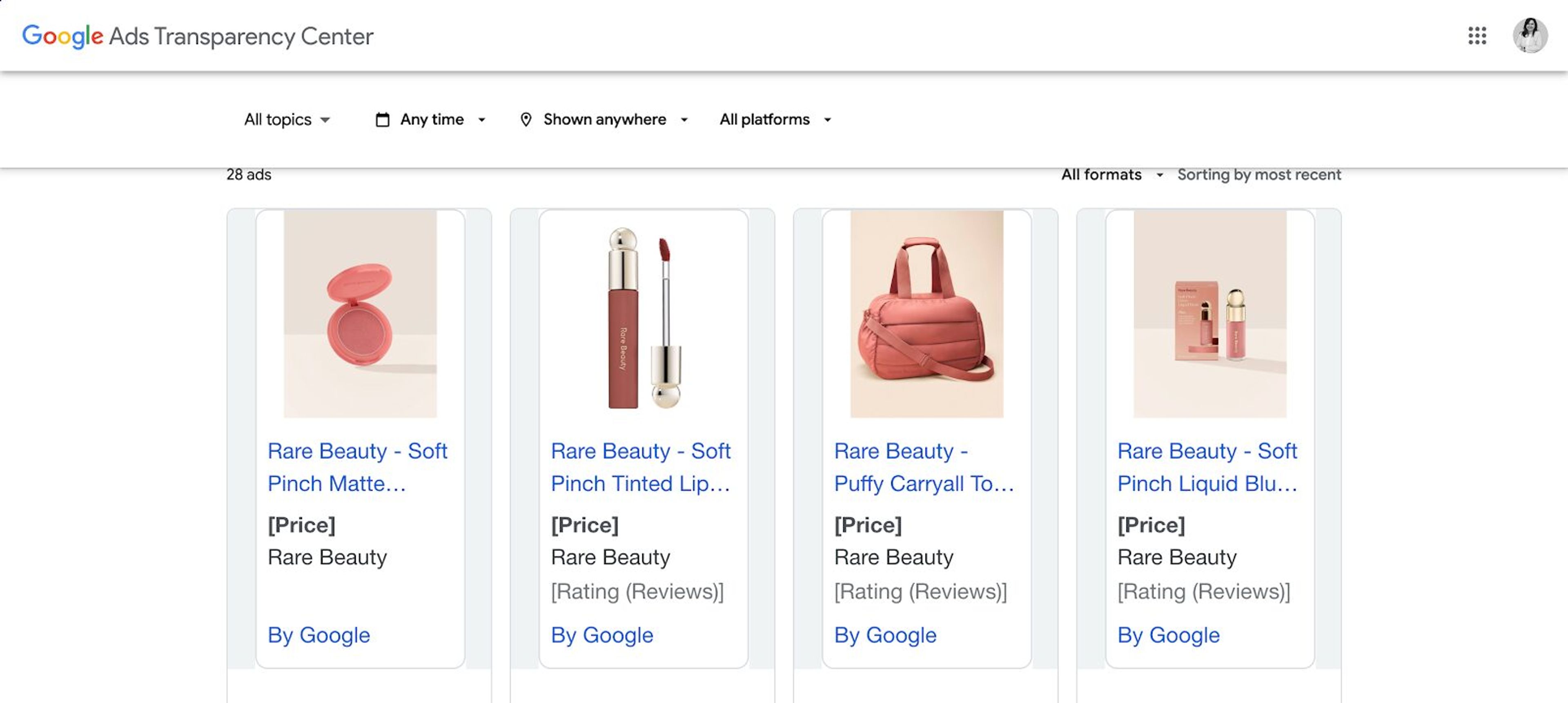 Rare Beauty running paid ads on Google and Meta.