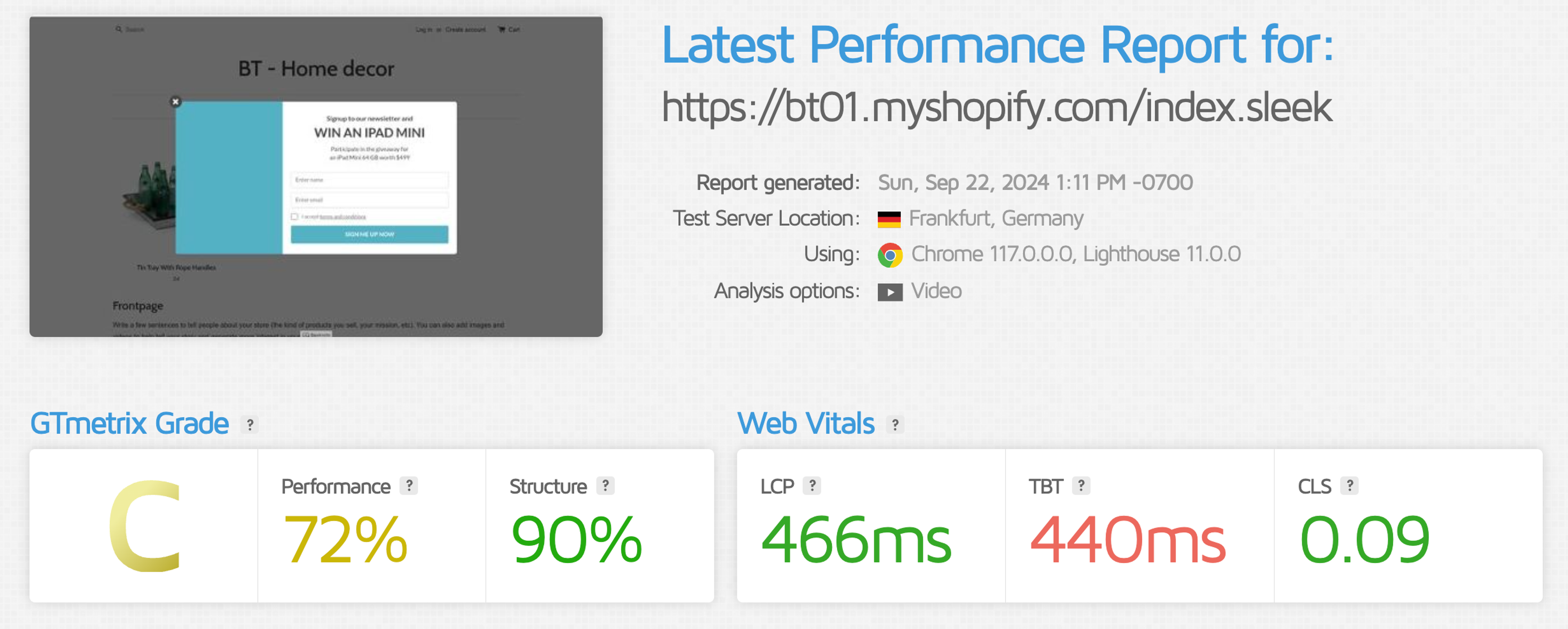 Sleeknote GTMetrix page speed results