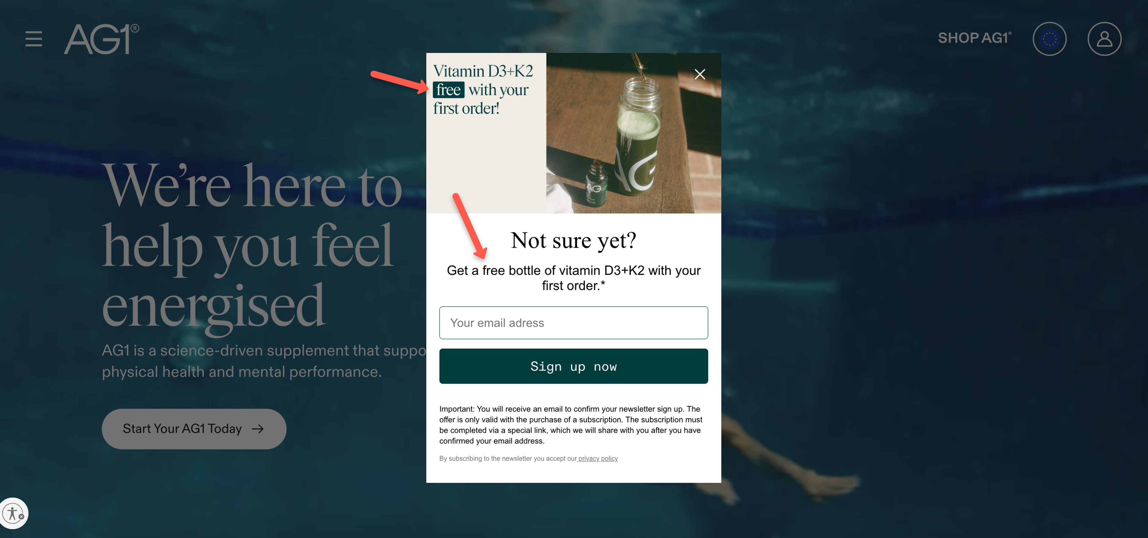 AG1 popup example using words that sell