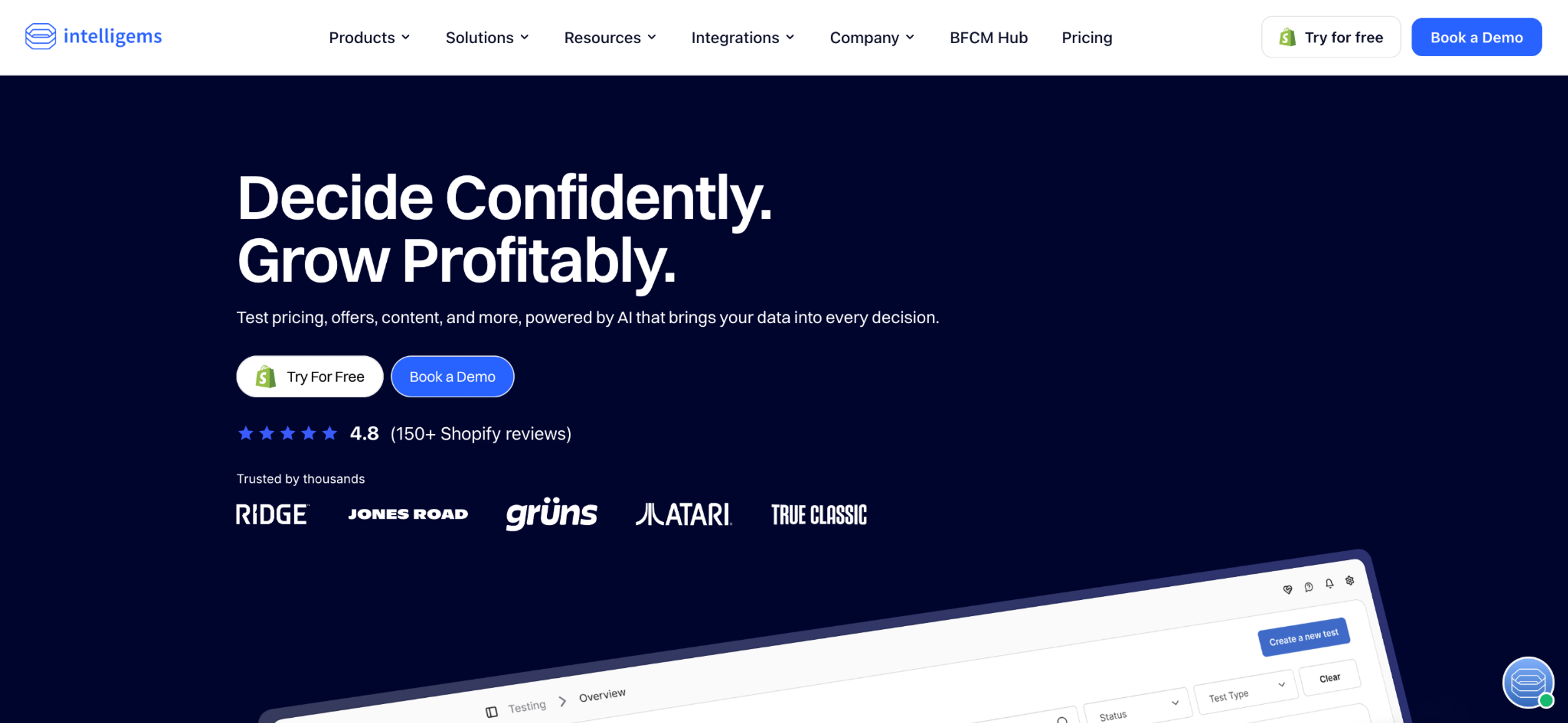 Intelligems homepage for testing prices, offers and content on Shopify