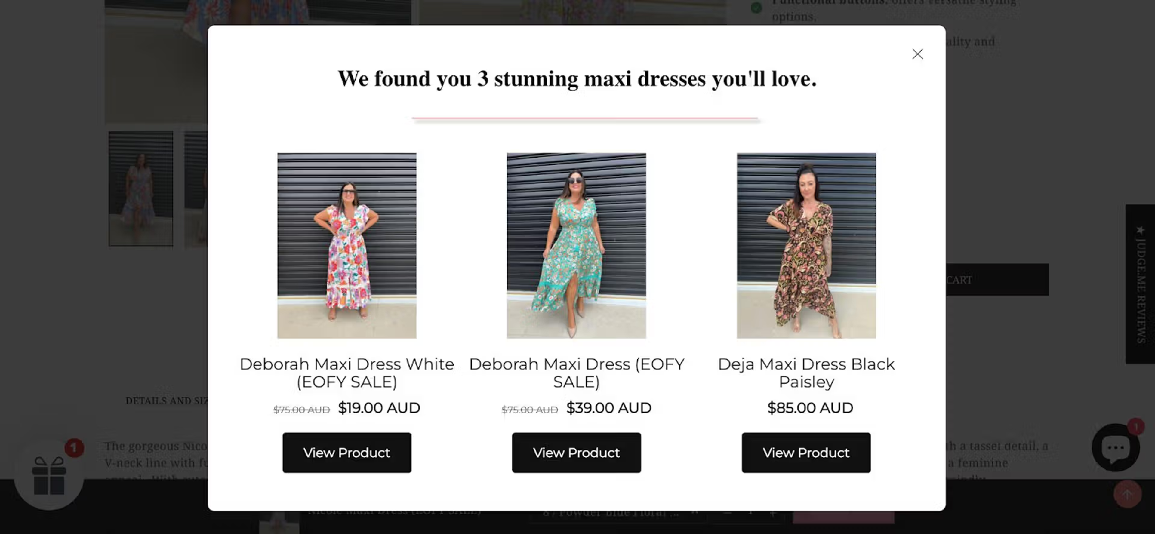 Millie n Me popup showing three maxi dresses to a shopper browsing maxi dresses
