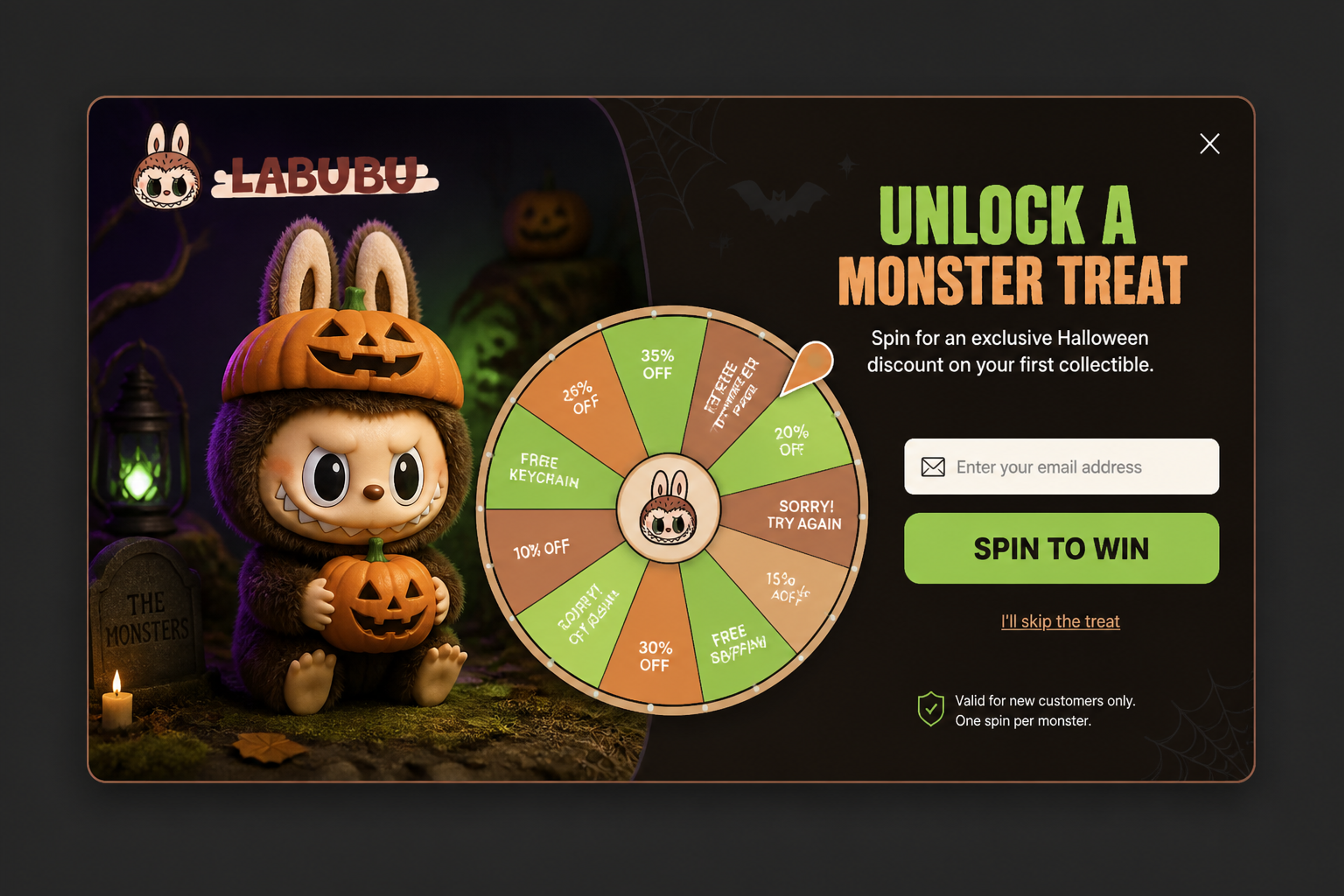 Halloween spin-to-win wheel popup designed for Labubu in a spooky forest scene