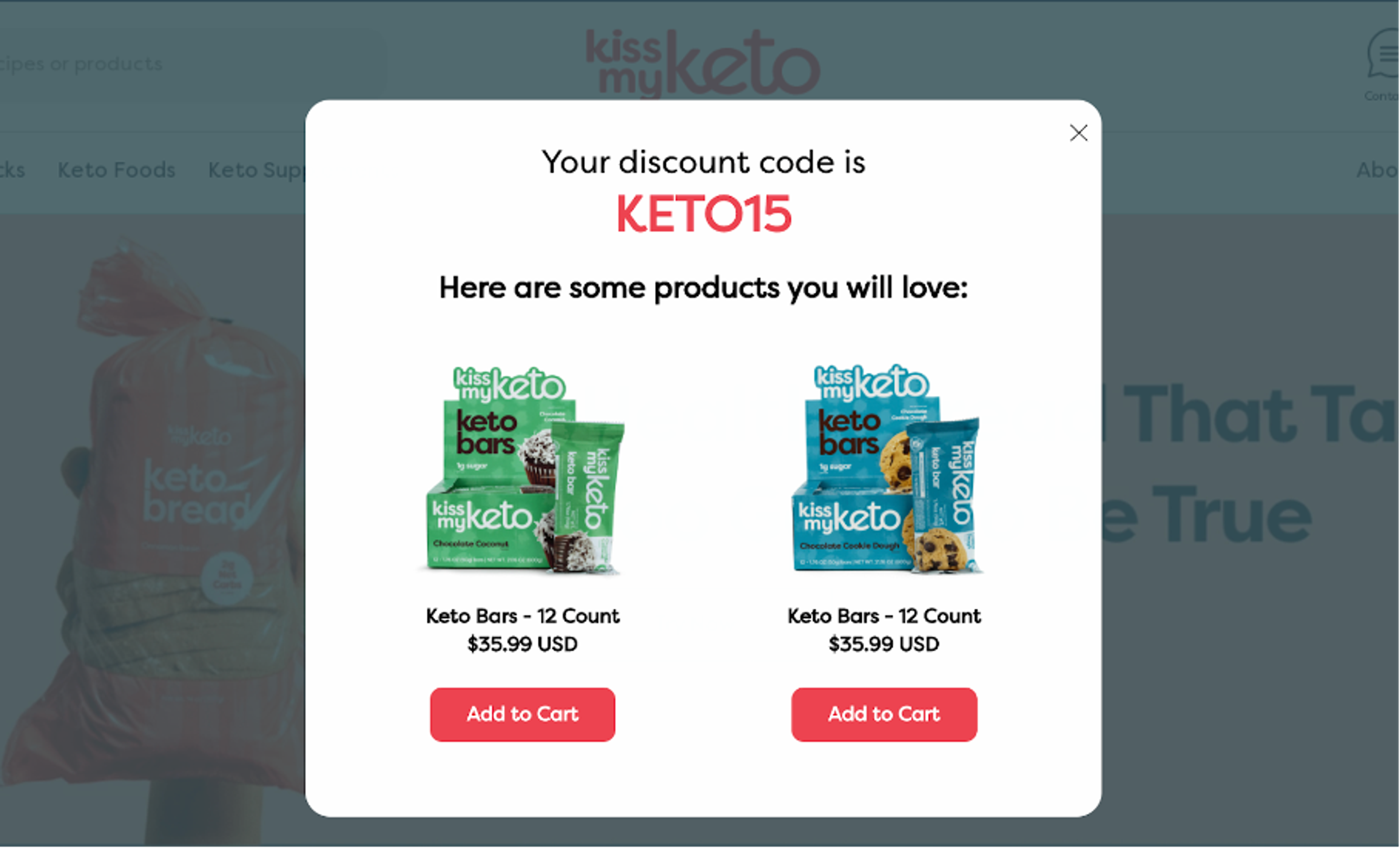 Kiss My Keto newsletter signup form popup