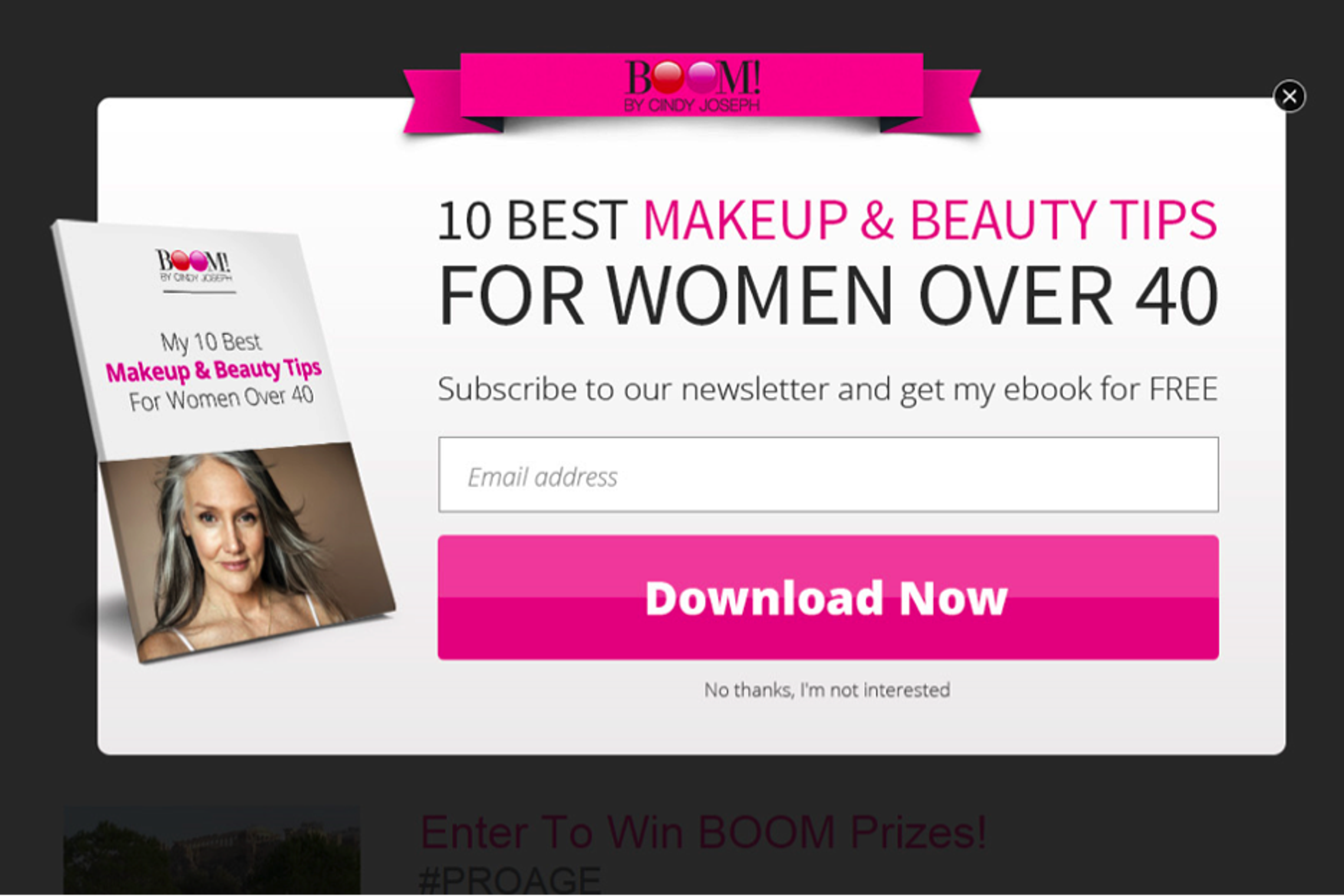 BOOM! pop ups featuring a free ebook on makeup and beauty tips targeted at women over 50.