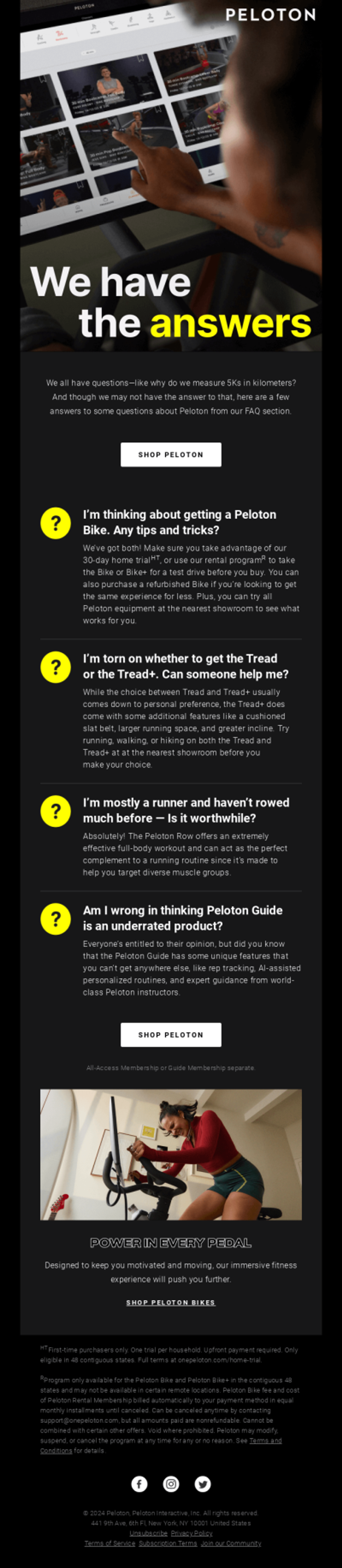 Peloton answering FAQs in their newsletter