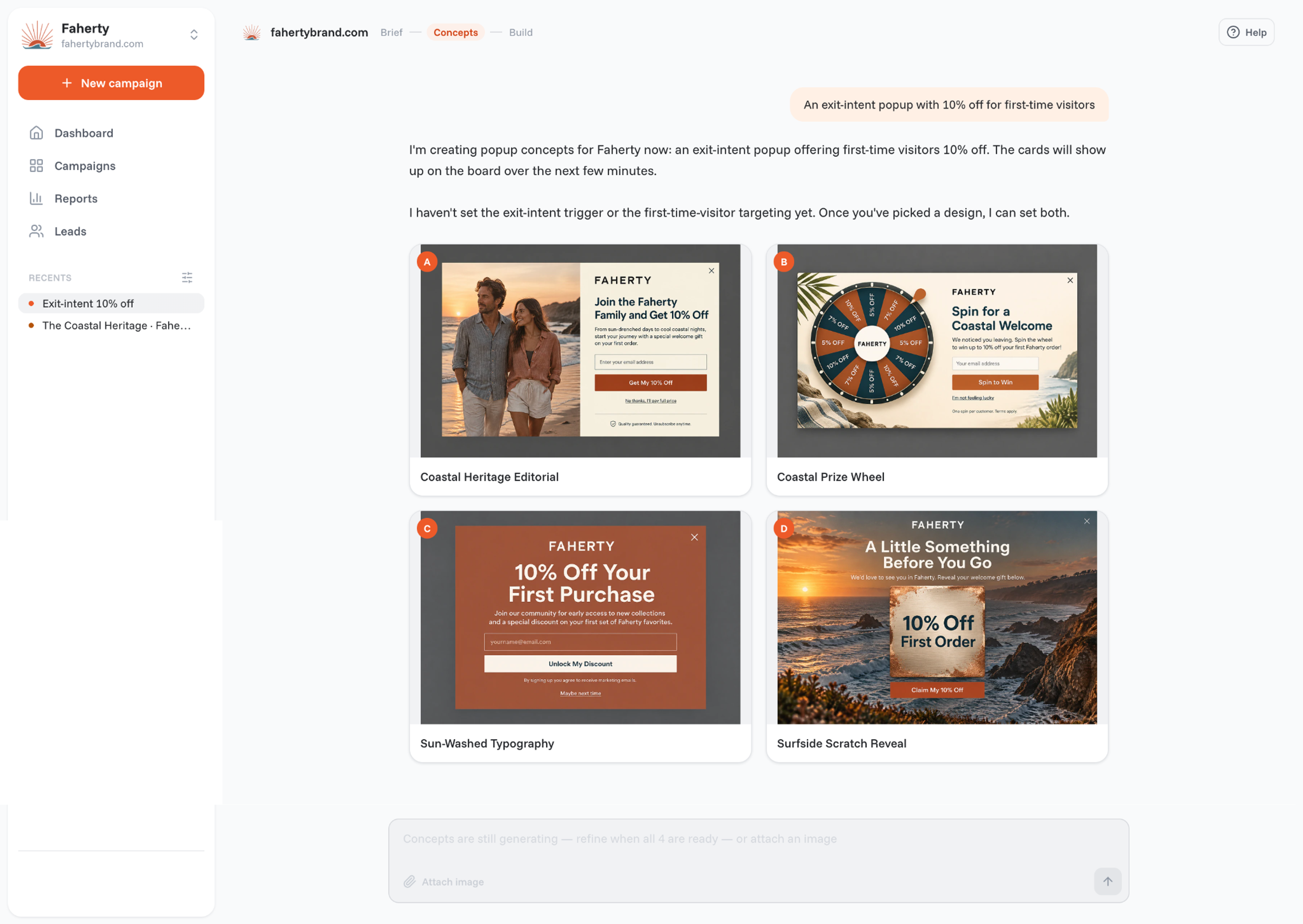 OptiMonk agent showing four exit-intent popup concepts for Faherty after the brief: an exit-intent popup with 10% off for first-time visitors
