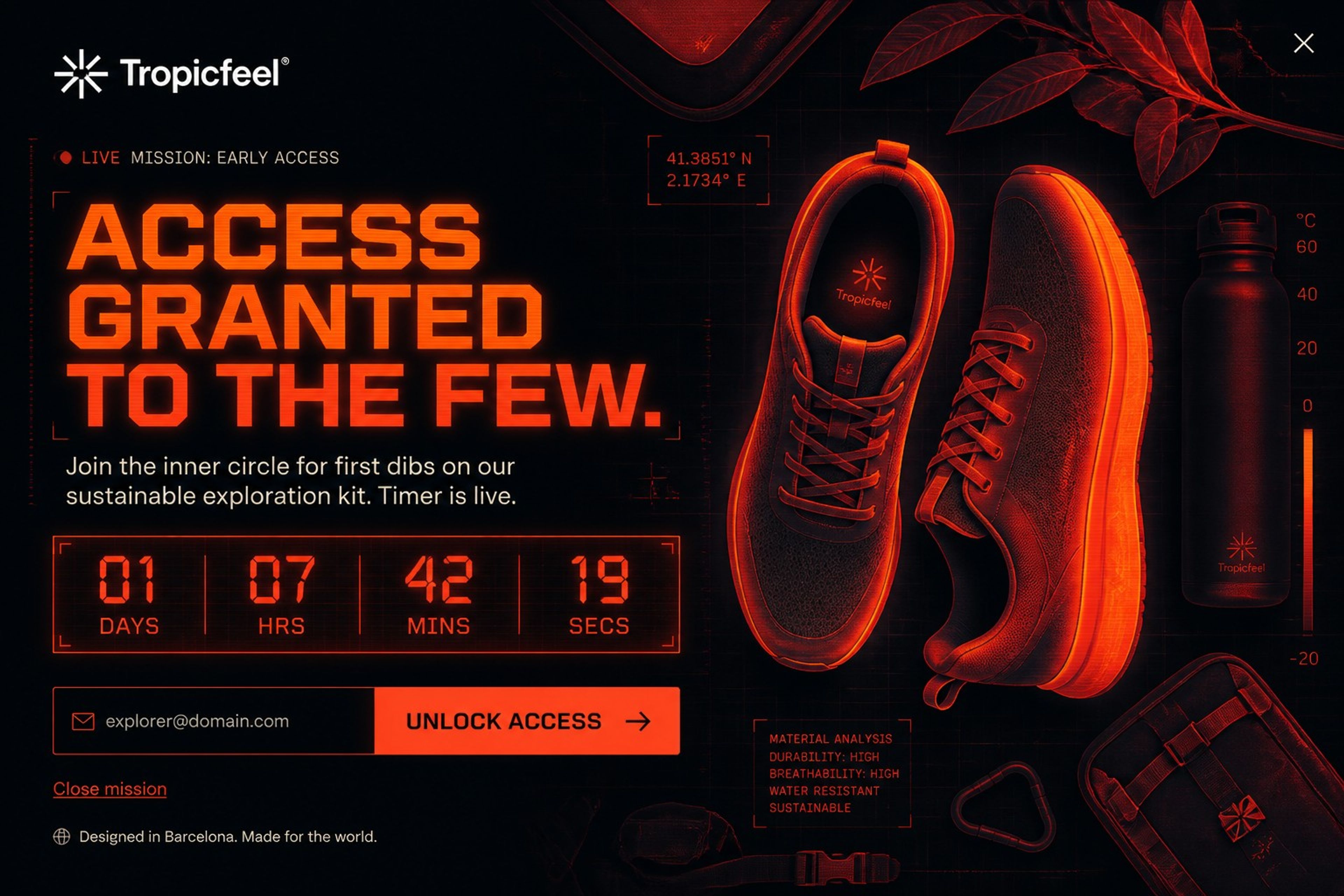 Tropicfeel fullscreen popup with a countdown timer and an early-access offer