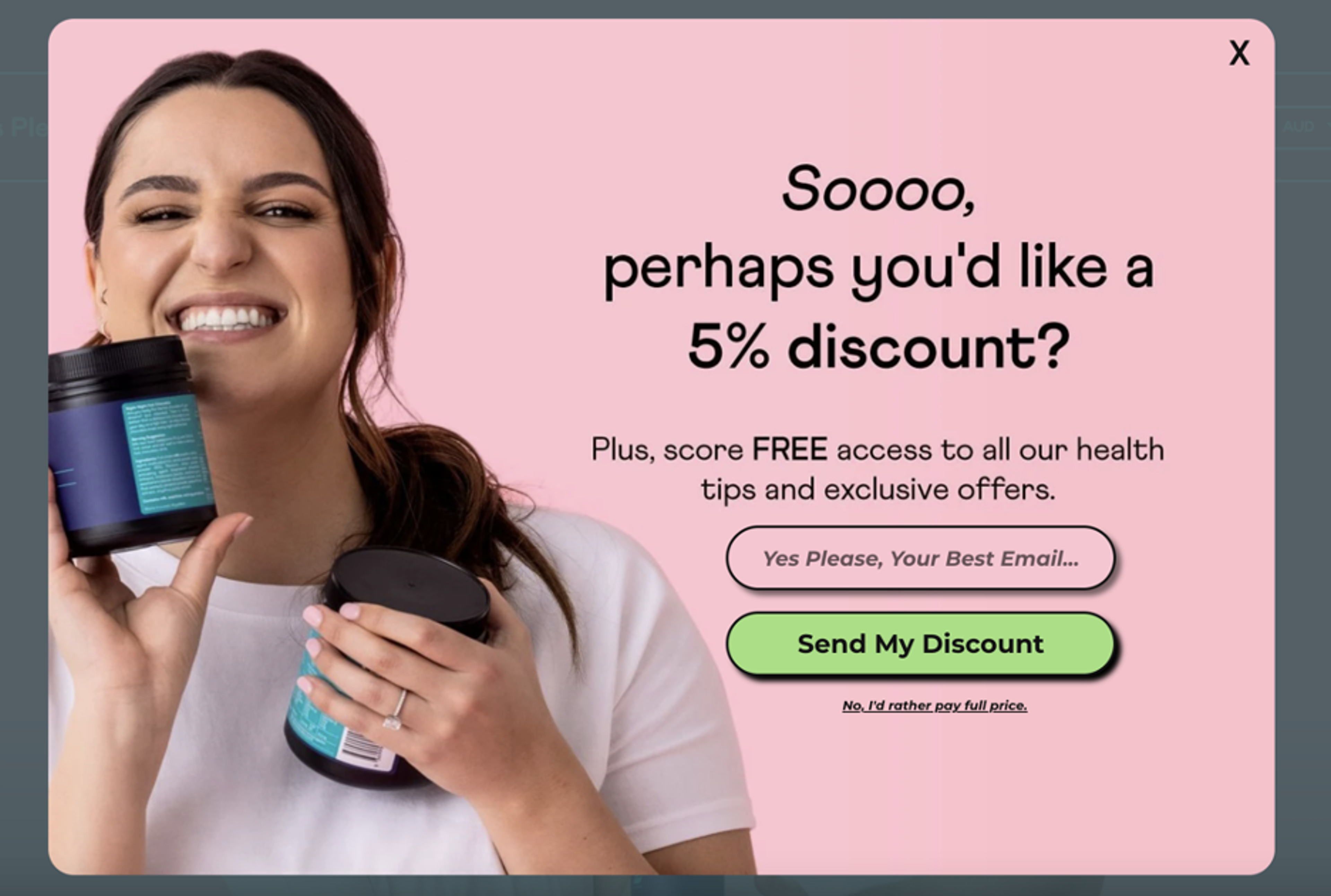 Yes Please Health's exit-intent popup example offering discount and free gifts.