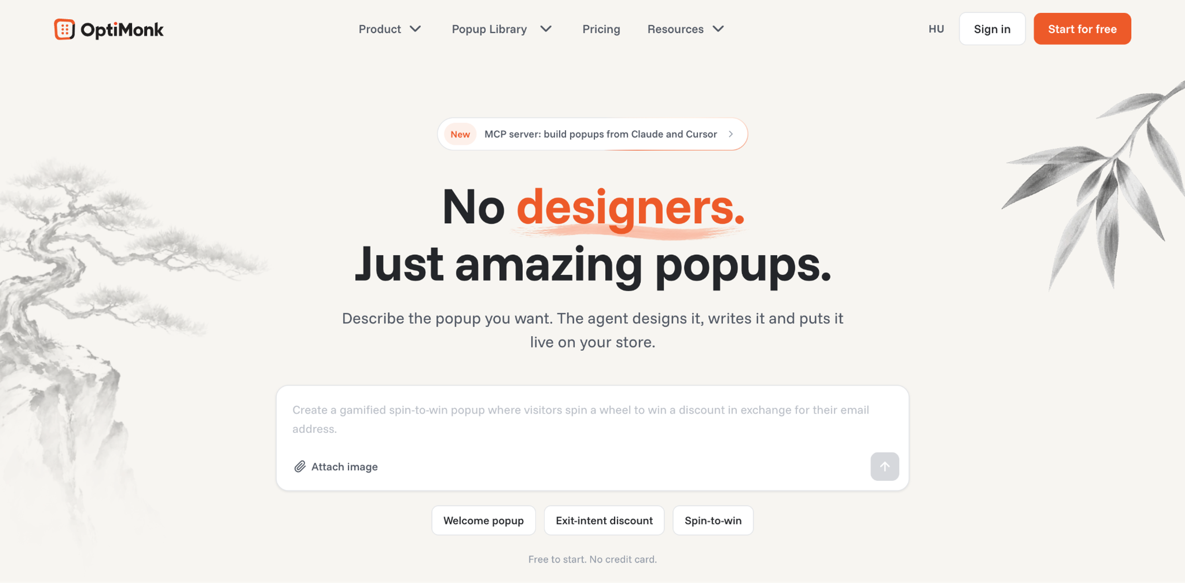 OptiMonk homepage with a prompt box where you describe the popup you want and the agent designs it