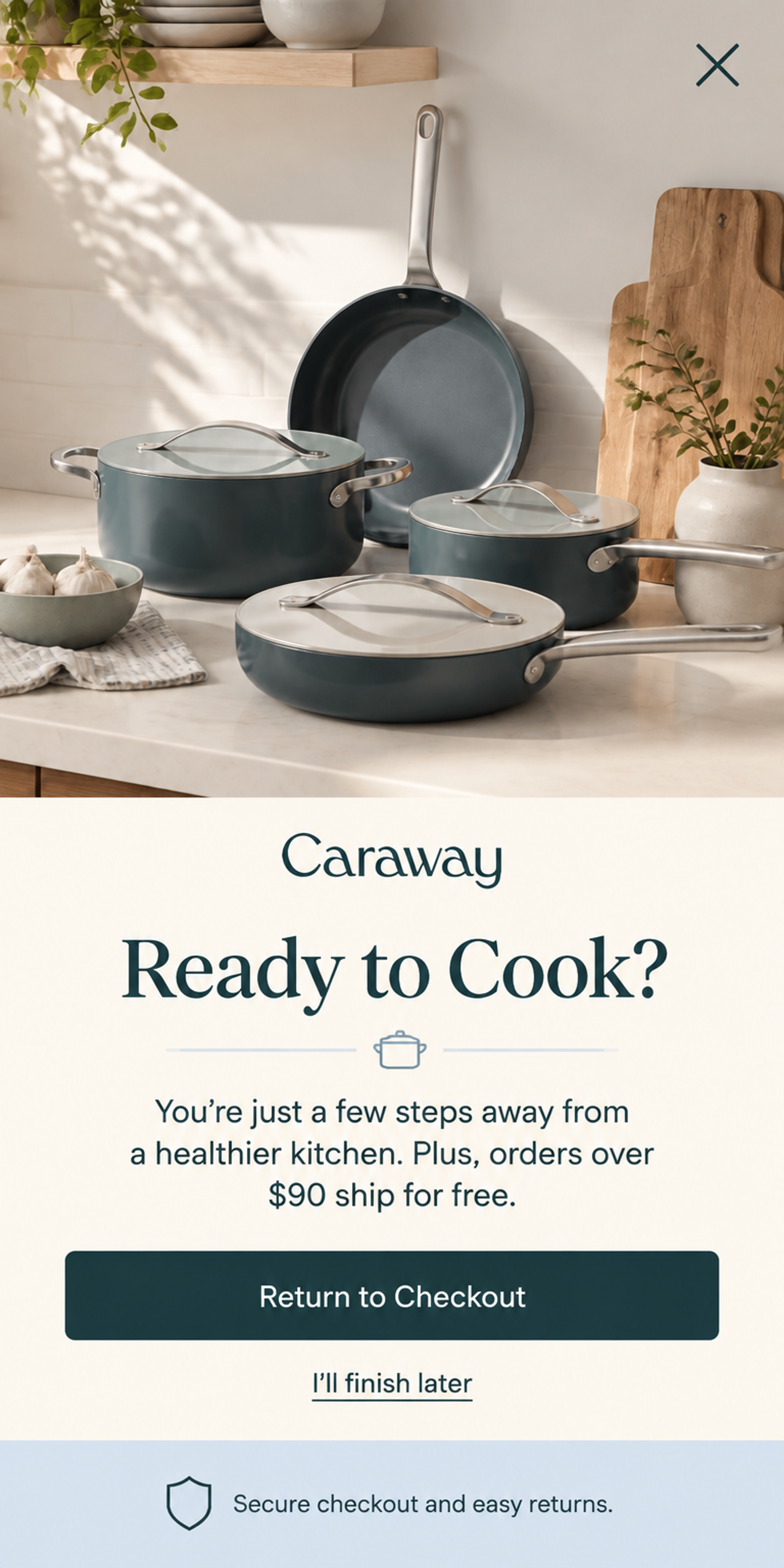 Mobile cart reminder popup "Ready to Cook?" with a cookware photo and a Return to Checkout button, designed for Caraway