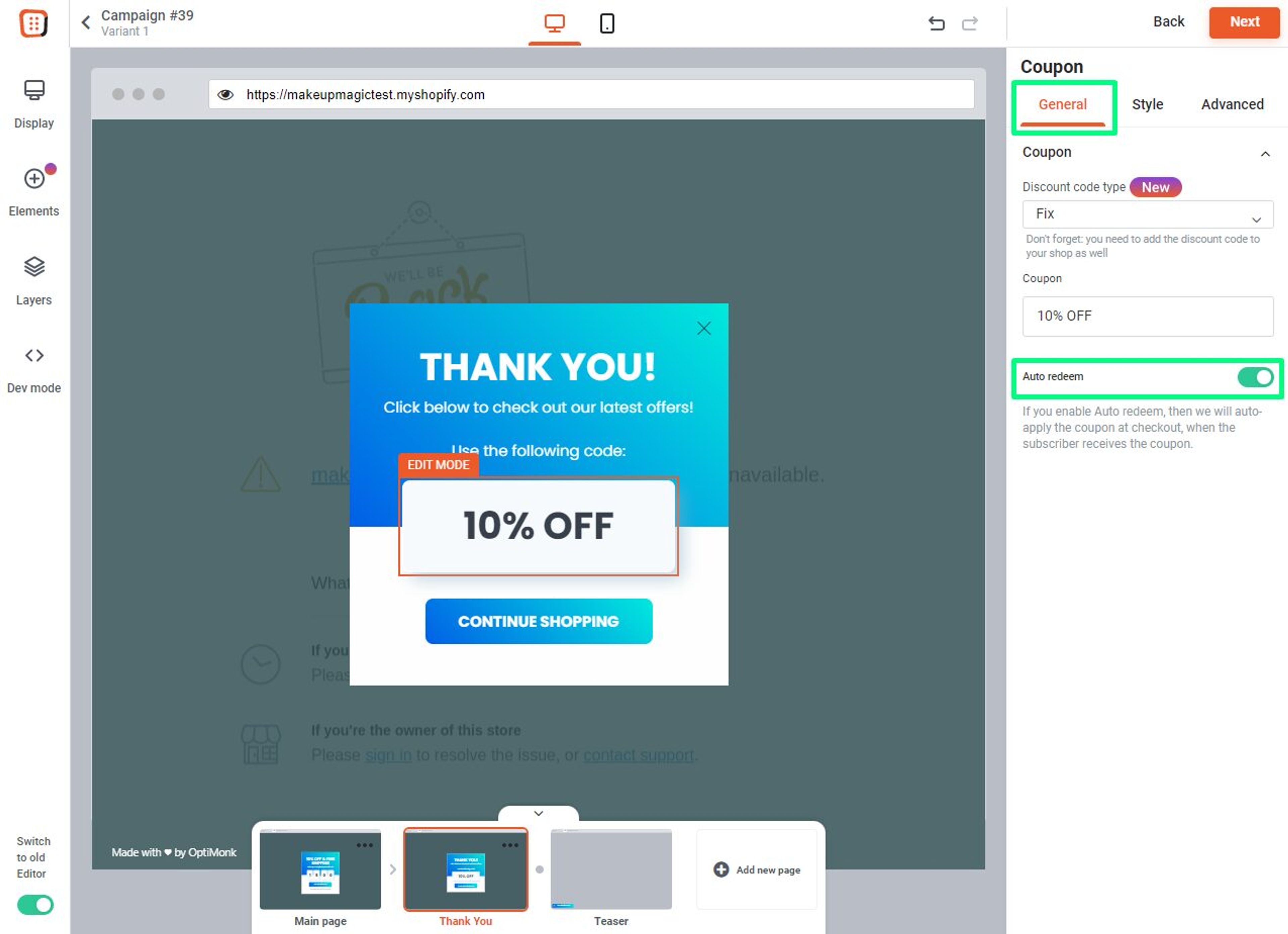 Set up auto redeem discount codes to streamline checkout process.
