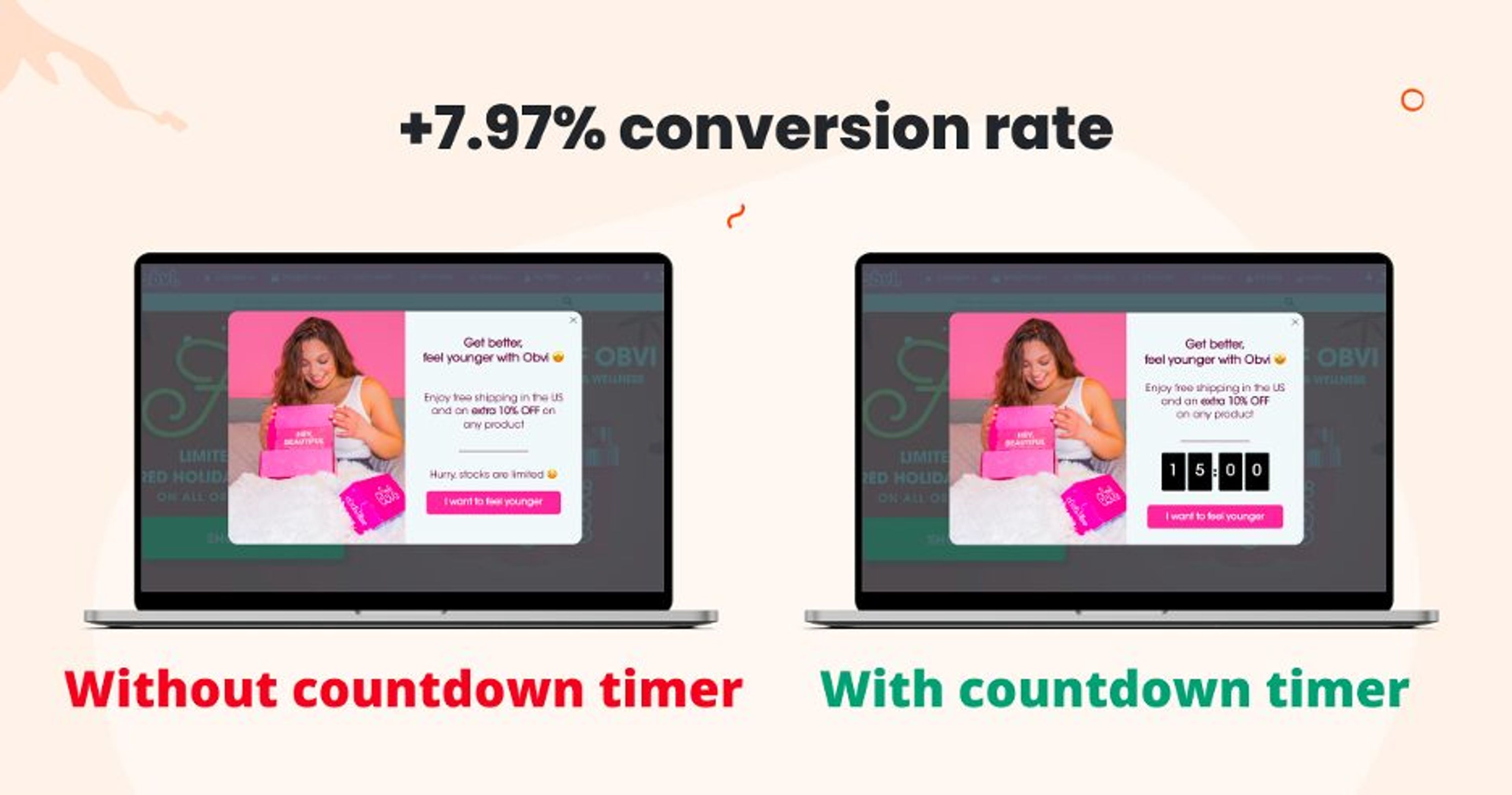 Obvi tested to different popups on their landing pages one with a timer and one without.