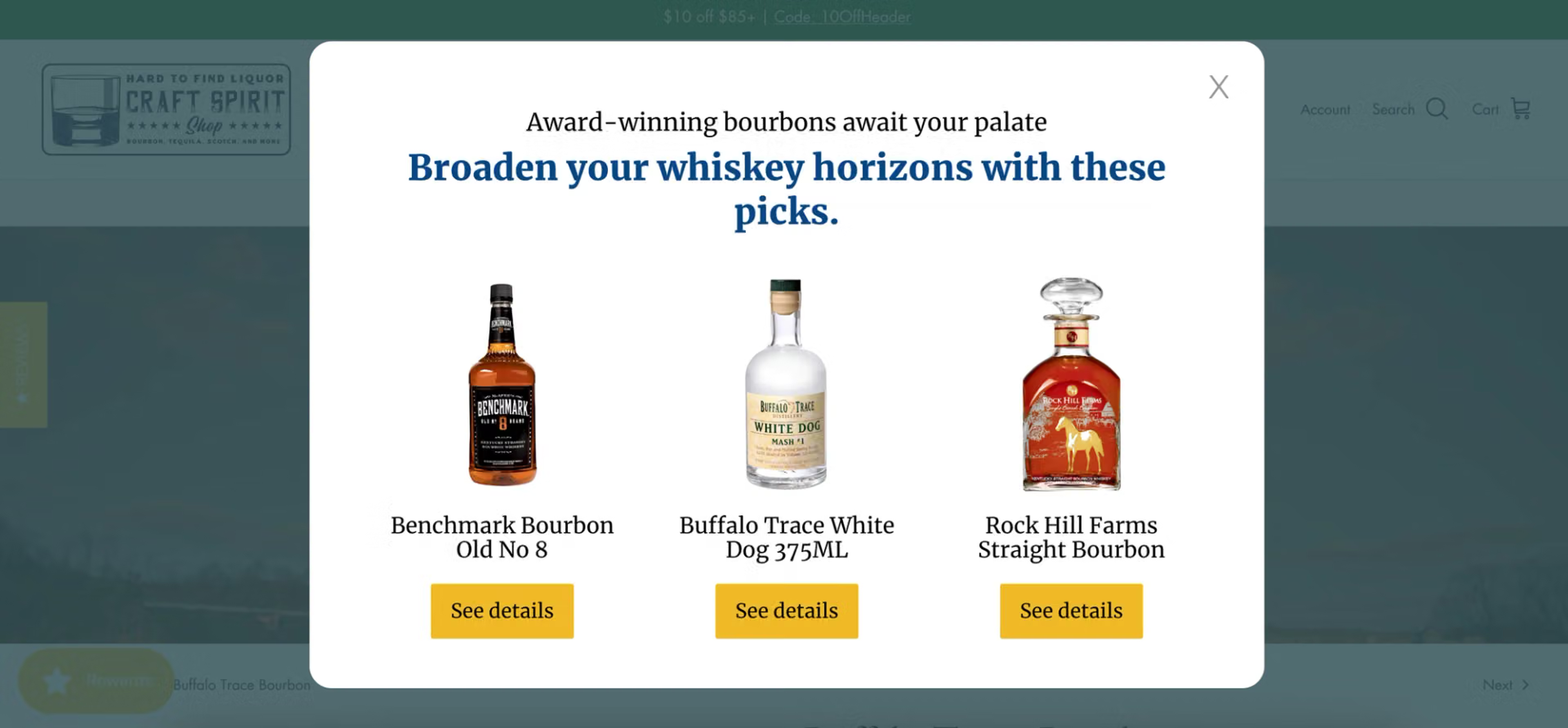 Craft Spirit Shop popup recommending three bourbons on a bourbon product page